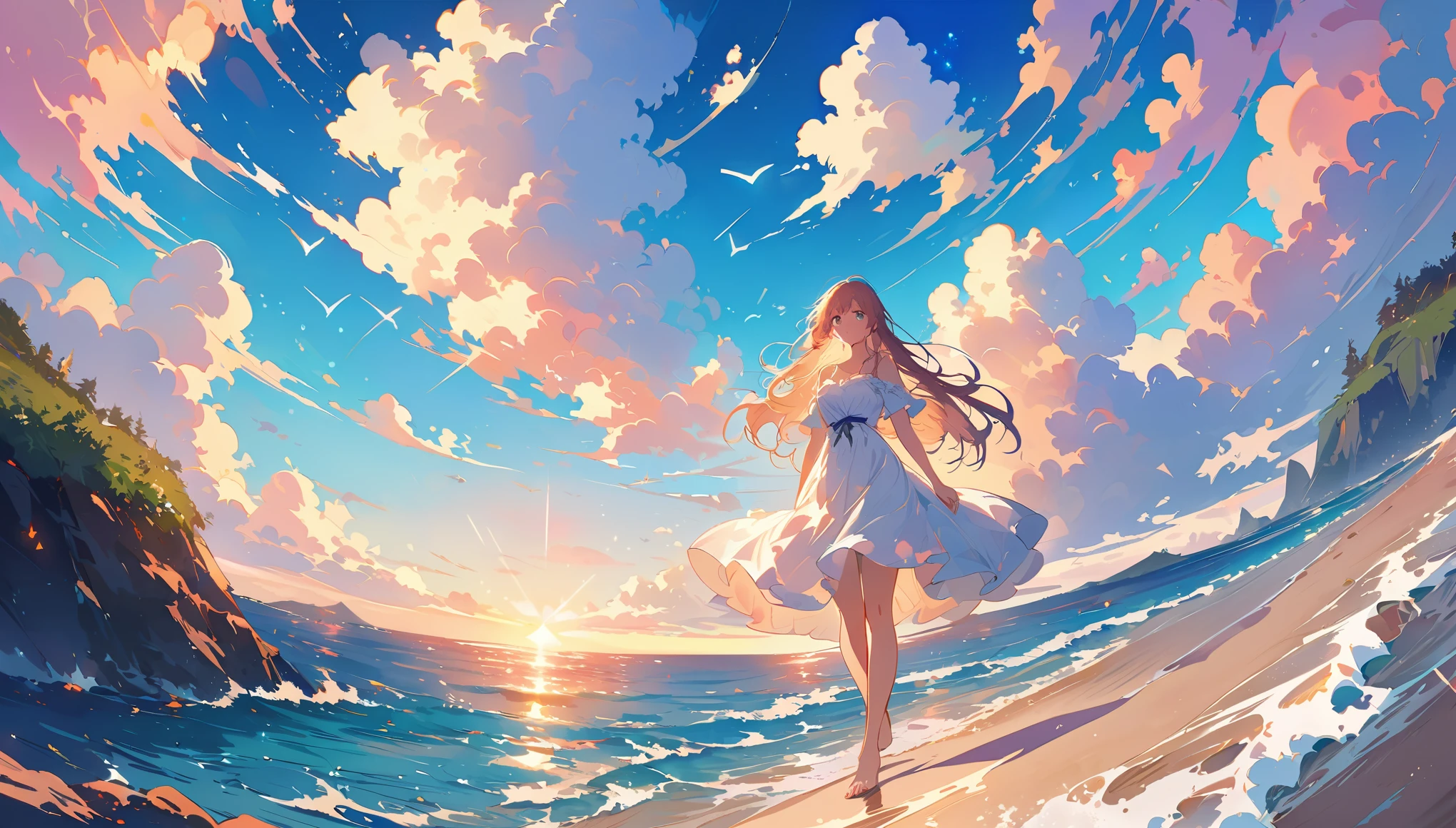 studio lighting,ultra-fine painting,sharp focus,physically-based rendering,extreme detail description,professional,vivid colors,bokeh,portraits,anime,landscape,beach ultra wide-angle view, capturing the vastness of the beach and the horizon, beautifully detailed anime art style, with vibrant colors and sharp lines, a girl with long flowing hair, wearing a flowing dress, walking on the beach, her eyes shining with a sense of wonder and joy, the girl's face is delicately drawn, showcasing her beautiful features, the golden sunlight illuminates her face and creates a warm glow, soft sand between her toes, leaving footprints in her wake, waves crashing on the shore, creating a serene and peaceful atmosphere, seagulls flying overhead, adding life and movement to the scene, a few scattered shells and pebbles on the beach, adding texture and detail, a distant sailboat on the horizon, symbolizing a sense of and adventure, the surrounding landscape includes dunes, grass, and distant cliffs, the whole scene is bathed in a soft, dreamy light, giving it a magical and ethereal feel, endless sea stretching to the horizon, sparking a sense of endless possibilities.
