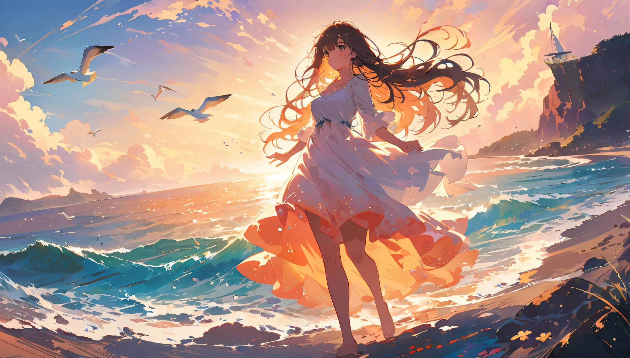 studio lighting,ultra-fine painting,sharp focus,physically-based rendering,extreme detail description,professional,vivid colors,bokeh,portraits,anime,landscape,beach ultra wide-angle view, capturing the vastness of the beach and the horizon, beautifully detailed anime art style, with vibrant colors and sharp lines, a girl with long flowing hair, wearing a flowing dress, walking on the beach, her eyes shining with a sense of wonder and joy, the girl's face is delicately drawn, showcasing her beautiful features, the golden sunlight illuminates her face and creates a warm glow, soft sand between her toes, leaving footprints in her wake, waves crashing on the shore, creating a serene and peaceful atmosphere, seagulls flying overhead, adding life and movement to the scene, a few scattered shells and pebbles on the beach, adding texture and detail, a distant sailboat on the horizon, symbolizing a sense of and adventure, the surrounding landscape includes dunes, grass, and distant cliffs, the whole scene is bathed in a soft, dreamy light, giving it a magical and ethereal feel, endless sea stretching to the horizon, sparking a sense of endless possibilities.