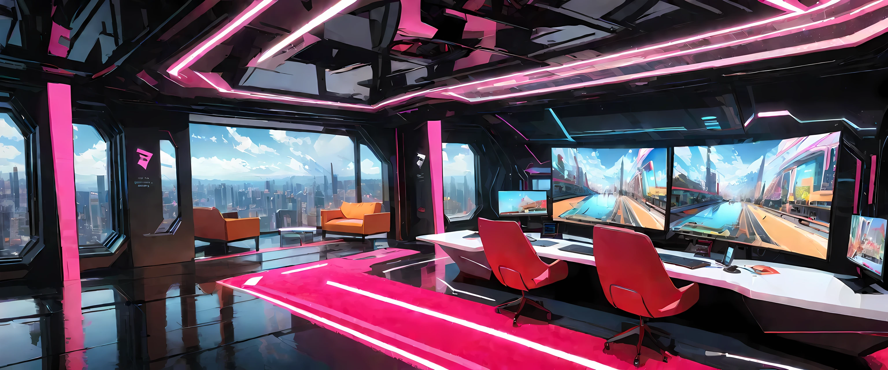 There is a table，There is a monitor，There is a chair in front, futuristic interior, futuristic room, Retro futuristic apartment, futuristic room background, futuristic living room, futuristic architecture art, desktop photography, knowing becomes inner, Detailed futuristic architecture, Gorgeous 3D rendering, origami studio 3 design, Rendering in Lumion Pro, Stunning 3D renderings  