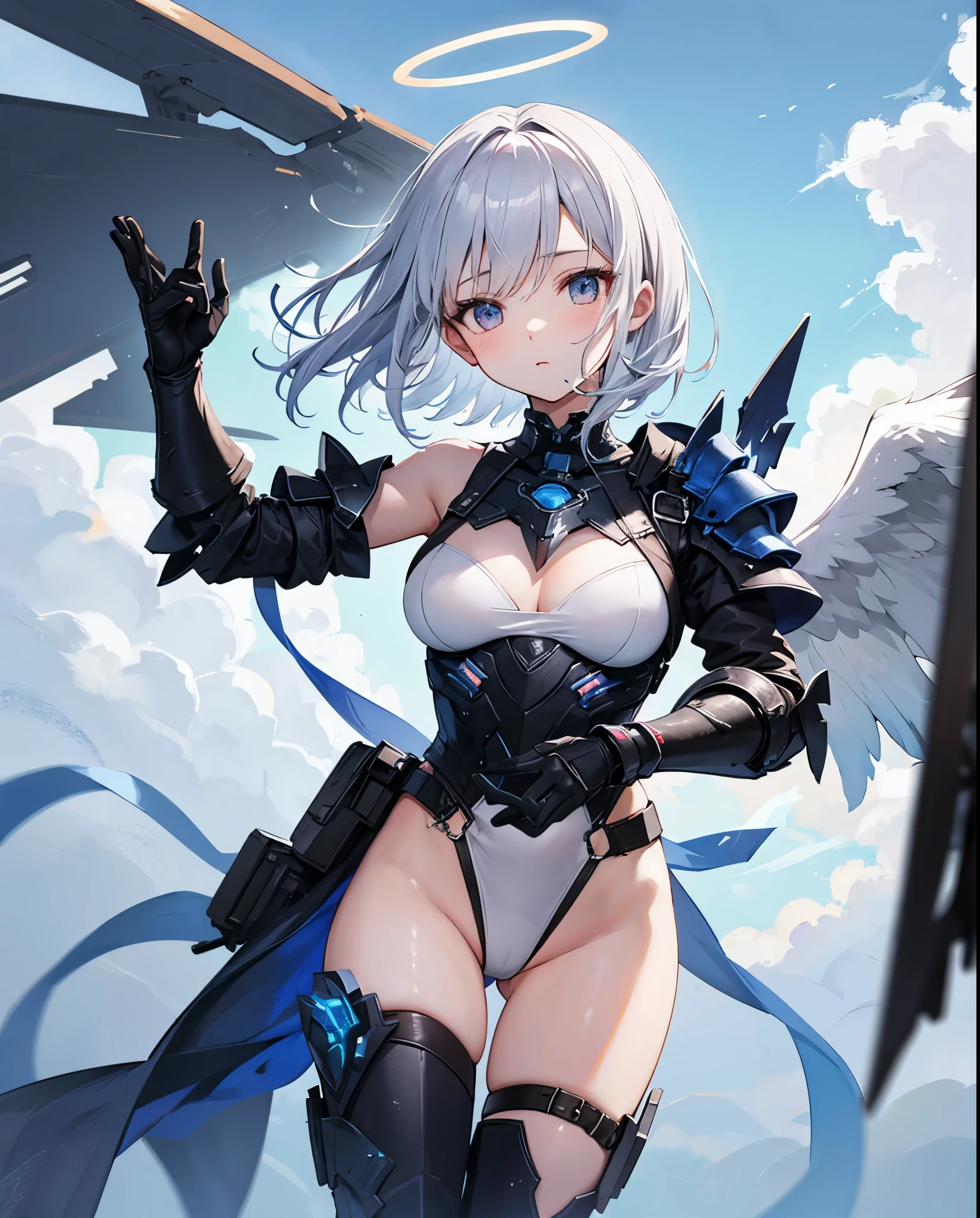 fantasy, 1angel_girl,_teen,lver_hair, short_hair, long_bangs, halo,bare_shoulder,thighhighs,silver_armor, waist_armor, large_breasts,sleepy,half_eyes,1pair_wings, dynamic_pose_fighting,floating, bare_crotch, headgear,gauntlet, greaves,city_background,slightly_spread_legs, solo, groin_naked,