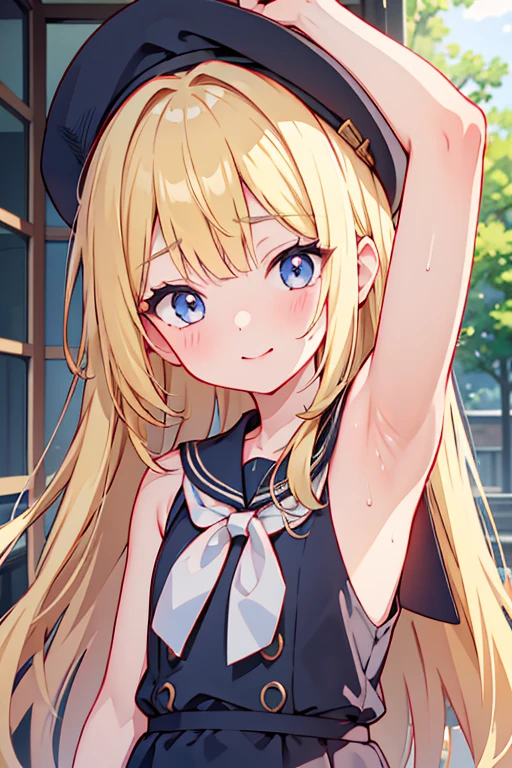1 girl、european girl portrait、Upper body、wealthy class、blonde hair、golden long hair、best face、masterpiece、Natural light、long eyelashes、thick eyelashes、、primaars old、sleeveless sailorck clothes、short、best beautiful girl、A fleeting beautiful girl、Eyes as blue as the sea、cheeks are stained red、looking at the viewer、Slender、slender、Low body、、sweaty、A lot of sweat is running down my face、The background is the entrance of the apartment building、small shoulder width、raising left arm upwards、showing the viewer his left armpit、Steam is coming out of my armpits、Smile、lolita、girl 、