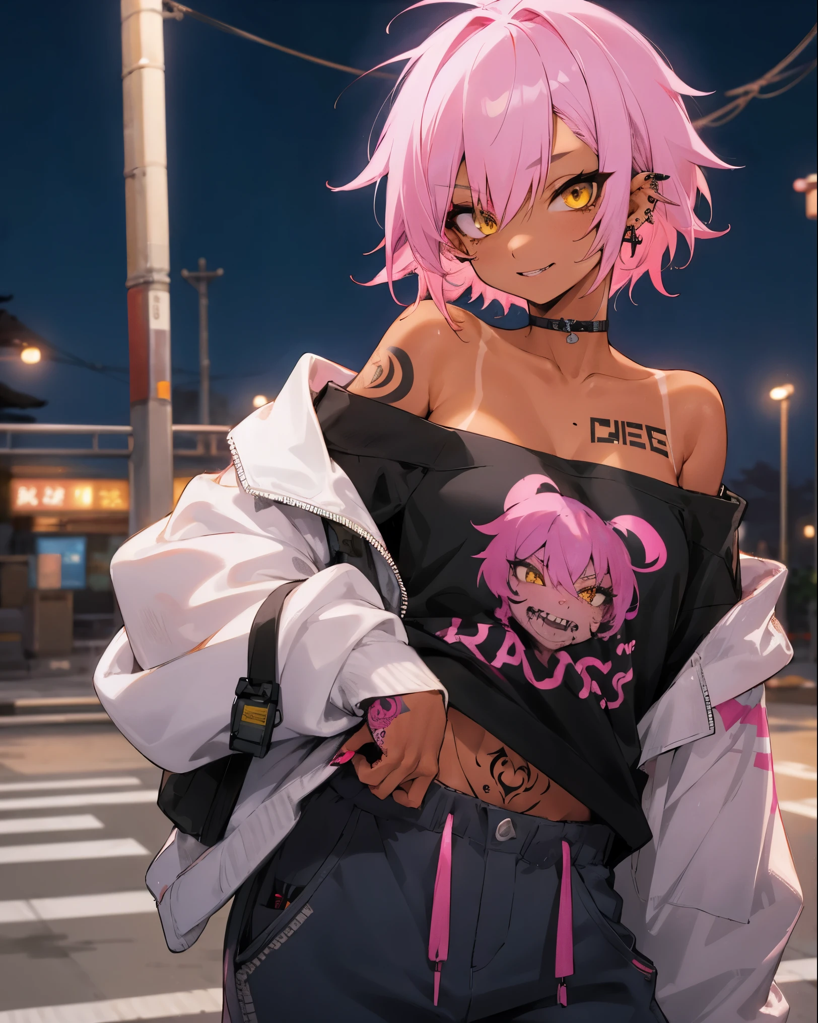 1female, tan skin, finely detailed yellow eyes, messy short pink hair with blue streaks, tattoo, piercings, off-shoulder hoodie, loose baggy pants, night, delinquent, tokyo, sexy, alluring expression