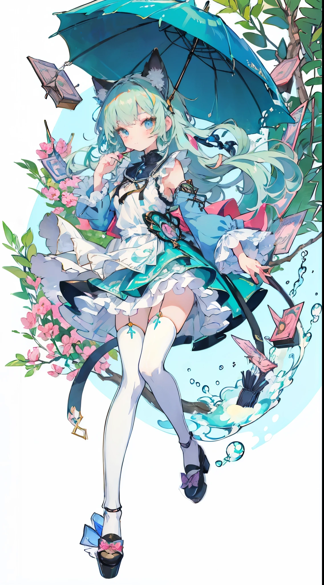 ((table top, highest quality: 1.1), ((Anime girl in a blue dress with a magic wand)), art nouveau、Anime cat girl wearing a maid costume, , ((Green hairs))、long haired person、((Eyes that shine like jewels, long eyelashes, and a sense of transparency))、Very Beautiful Anime cat girl, アニメcat girl, ((white knee highs)), 魅力的なcat girl, I'm at the candy store,Inspired by Leiko Ikemura, Aya Takano color style, in ryuuou no oshigoto art style, cat girl, Character you admire, rei hiroe、Smiling