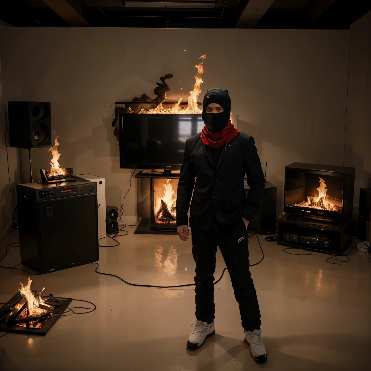Full-body view, a man boy in a black suit, black suit with shoulder pads, red scarf ski mask covering the man's entire face completely, man standing next to a TV on fire, TV on fire, cover of the new album, full body, all TV burning, dramatic and terror. Rule of thirds photography, centered. White studio background, (studio light 1.0), cinematic, completely white background, minimalist photography.