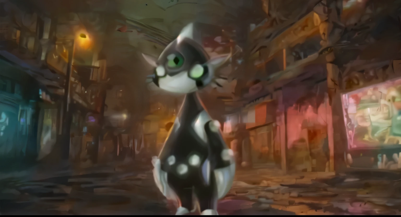 Masterpiece, Ditto from Ben 10 Omniverse, slightly chubby body, white fur, black clothes, green eyes, cute, smol, clawed hands, sharp and clearly defined image, no pupils, drawn by Derrick J. Wyatt, underground neon city background, vibrant colors, character half shadow, cinematic lighting, reflections, character focus, bottom heavy