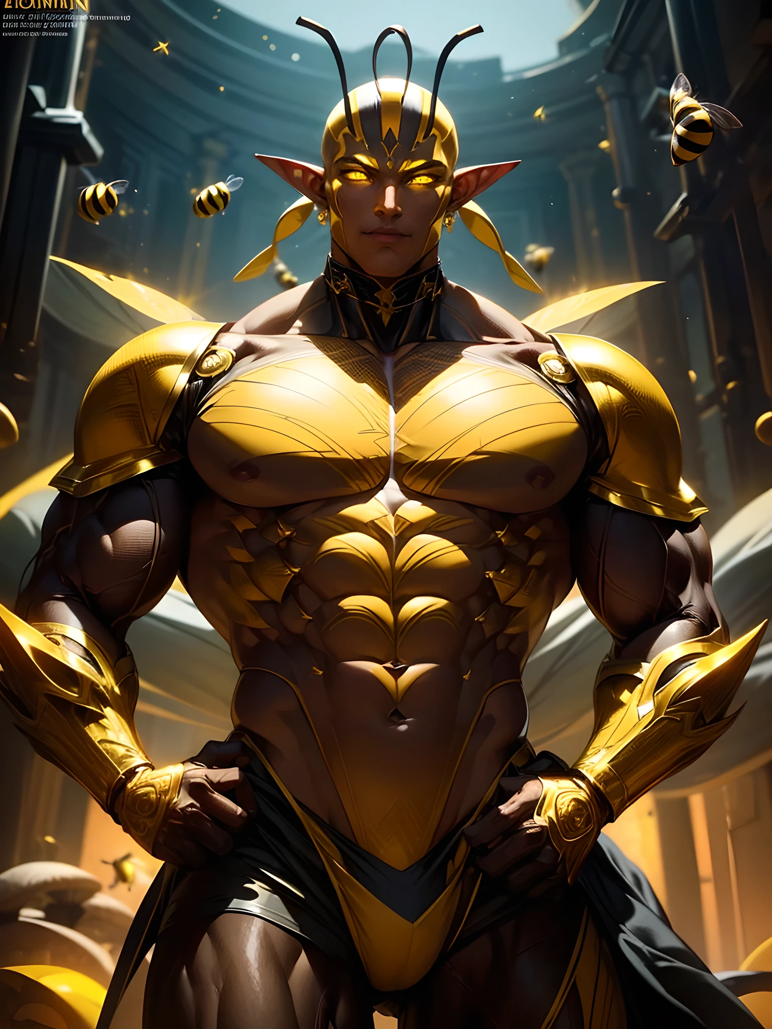 ((absurdres)) perfect whole body, ultra photorealistic, top quality, Photorealistic, ((16k UHD)), High Definition, high-res, ultra sharp, masterpiece, the best quality, intricate details, detailed eyes, perfect face detailed face, cyberpunk, futuristic, masterpiece, highly detailed exquisite character art, perfectly detailed anatomy, detailed body, detailed pecs, pecs, thick thighs, (((cinematic light))), ultra-realistic, (((1male))) ((tall muscular man male humanoid)), bald, humanoid yellow skin, big eggs, bee anatomy, deity, god of honey bees, humanoid black & yellow skin tone, yellow hue, powerful humanoid appearance, compound eyes, metallic scales, scales. Metallic armour, smiling face, strong jaw, high cheekbones, pecs, sexy pose, elf ears, touching his pecs, flying in the sky, mandibles, Antenna, honey, ((male muscular stripe black & yellow humanoid insect honey bee)) yellow skin, black skin, dark, mushroom, forest, DruidMagicAI