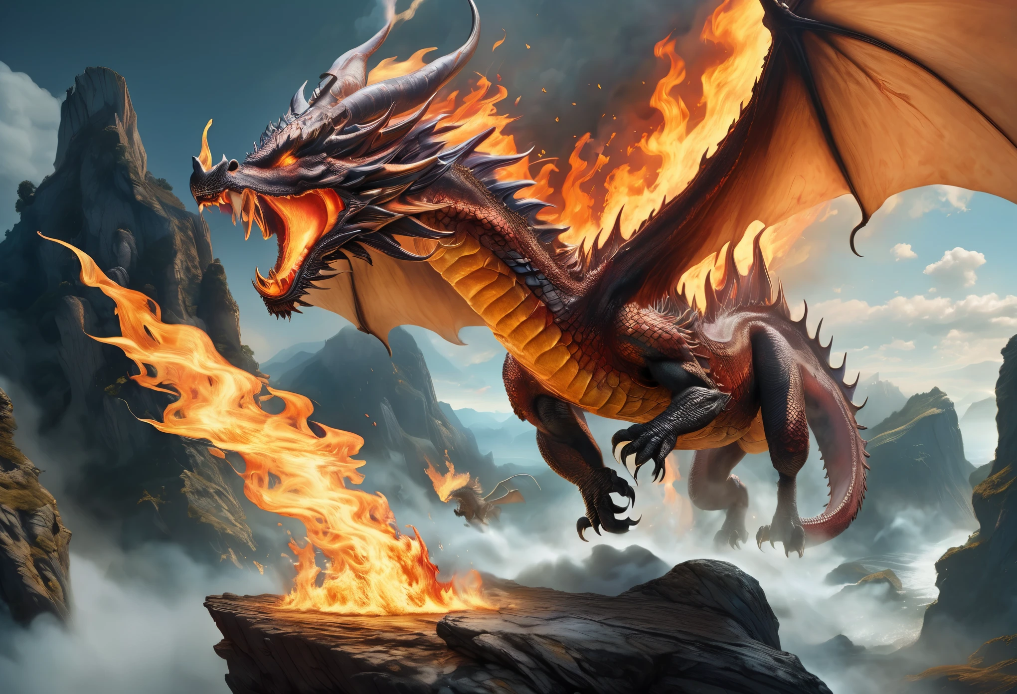 ((ultra wide angle x0.5:1.5)),( dragon releasing flame from its mouth, cliff, flying:1.5), ((Imaginative scene)), (( very detailed: 1.4), (( Masterpiece )), ( Hyper-detailed and beautiful: 1.3), (Photorealistic: 1.4), 32k.