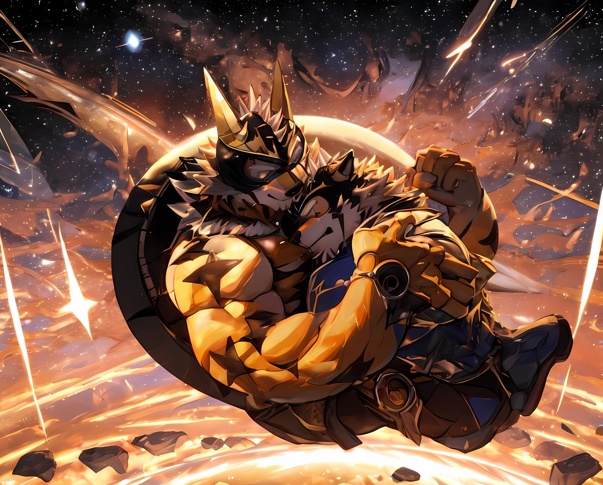 Anthropomorphic, (Solo), Ryekie, Single, Male, Muscle, Lonely, 50 years old, in King clothes, floating in space, scale of view, Masterpiece, an Amazing landscape, High Definition, Super Detail, Best Drawing, by Nullghostart, Planets Surrounds, Embrace the Sky, Stargazing, Beautiful atmosphere, Lighting, on the space, Reaching the stars