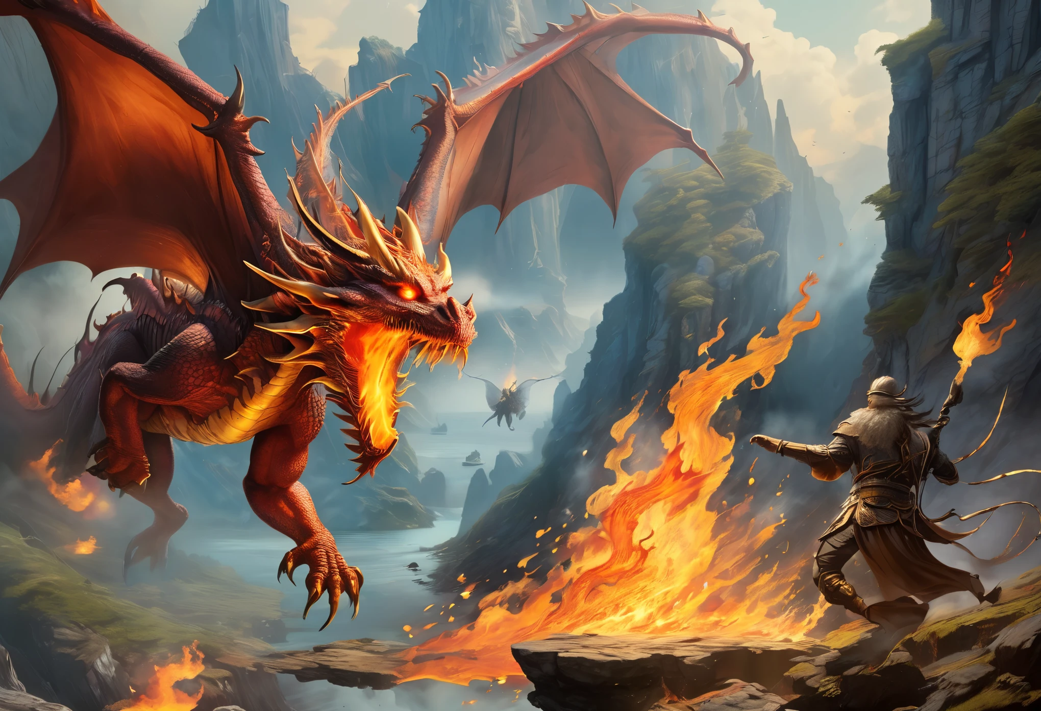 ((ultra wide angle x0.5:1.5)),( dragon releasing flame from its mouth, cliff, flying:1.5), ((Imaginative scene)), (( very detailed: 1.4), (( Masterpiece )), ( Hyper-detailed and beautiful: 1.3), (Photorealistic: 1.4), 32k.