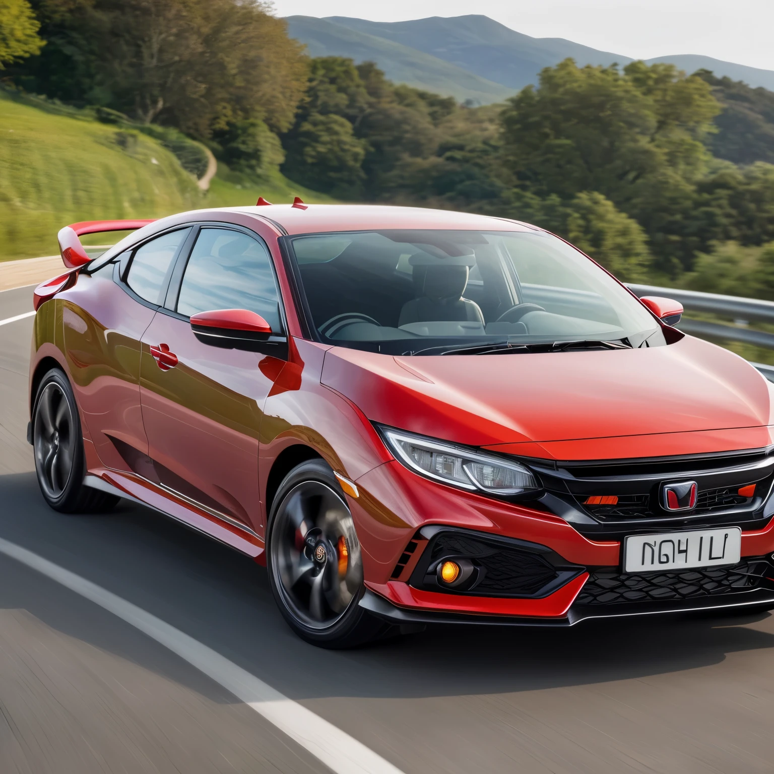 A sleek Civic Si Turbo with a rosy hue undergoes an intricate photo shoot, capturing its side profile in stunning detail. The car's metallic paint reflects vividly in the sunlight, highlighting every curve and contour. With the engine purring softly in the background, the Civic Si Turbo stands proudly against a serene backdrop. The lens focuses intently on the car's exquisite features, from the angular headlights to the sleek wheel arches and the dual exhaust pipes that gleam menacingly. The photo-realistic image, taken with a high-end camera, emphasizes the car's textured surface, showcasing