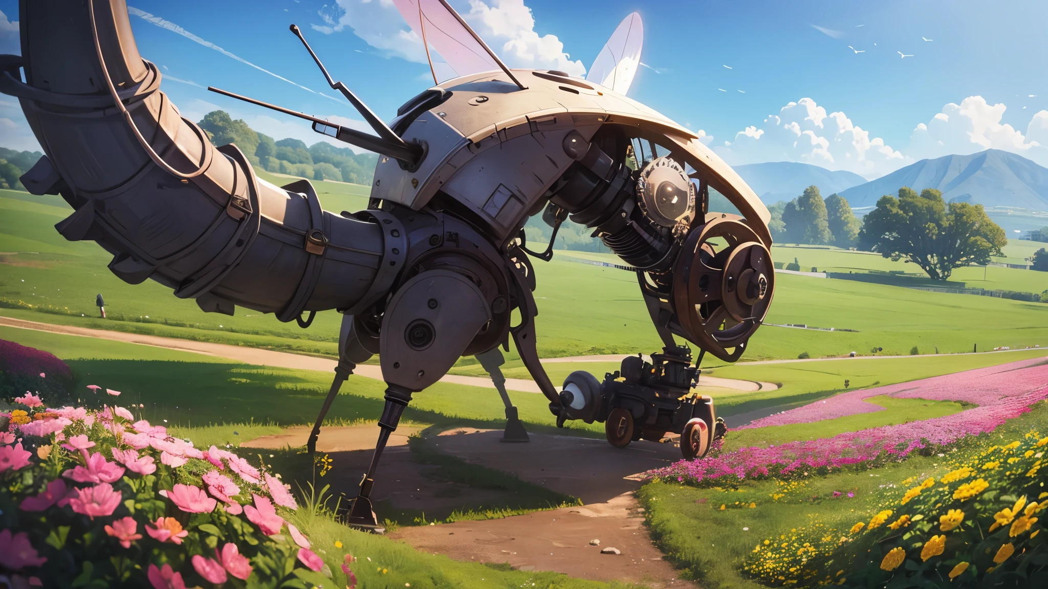 A lovely field of flowers, steampunk robot bees flit between them pollinating them