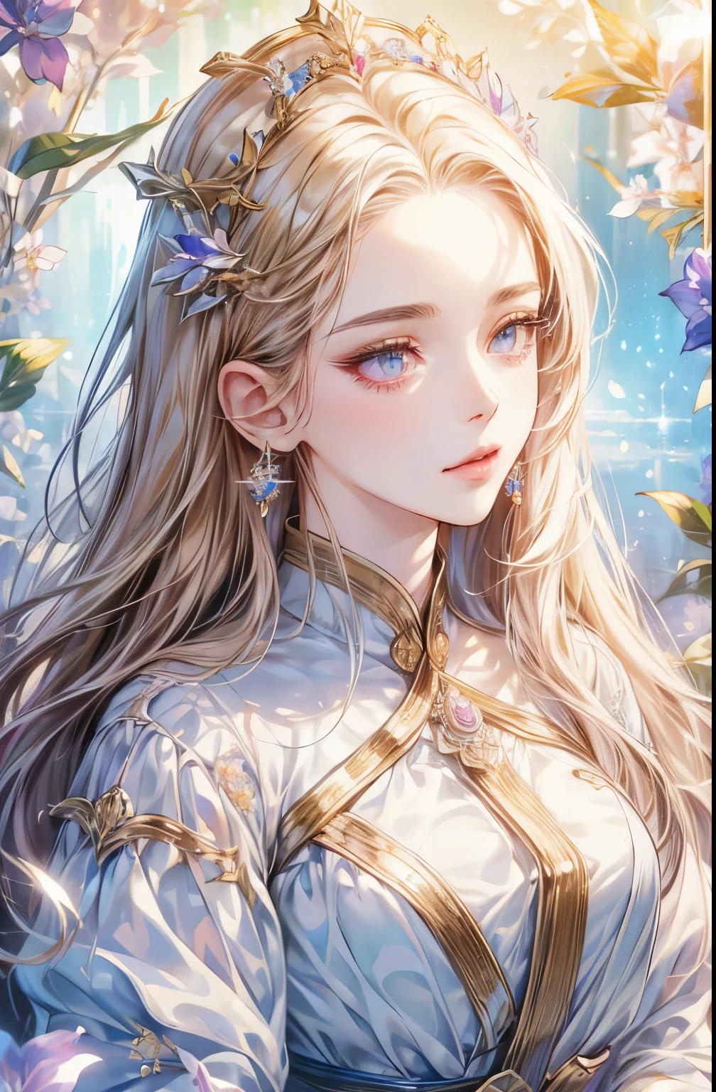 Long-haired woman、bust、white skinned、Symmetry between left and right eyes、delicate eyes、sparkling violet eyes、Exquisite gold hollow hair accessories、Mosaic floral pattern background、spotlight、high contrast、Striking shadows、Detailed shadows、Perfect workmanship、​Masterpiece、top quality、Top image quality