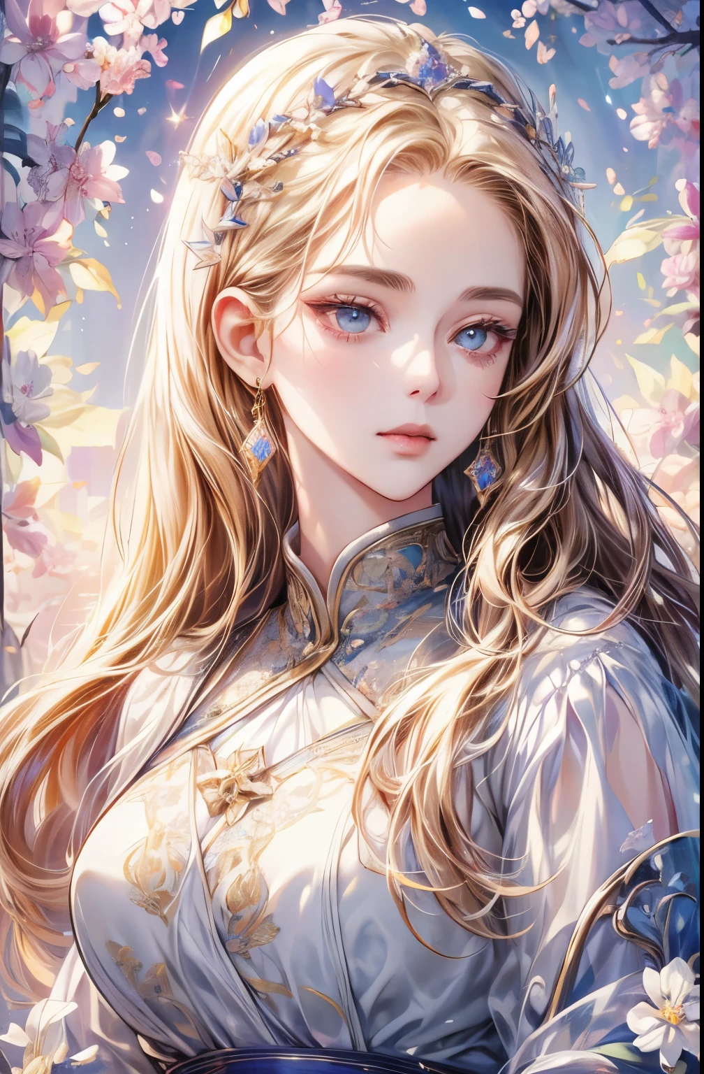 Long-haired woman、bust、white skinned、Symmetry between left and right eyes、delicate eyes、sparkling violet eyes、golden hair accessories、Mosaic floral pattern background、spotlight、high contrast、Striking shadows、Detailed shadows、Perfect workmanship、Masterpiece、top quality、Top image quality