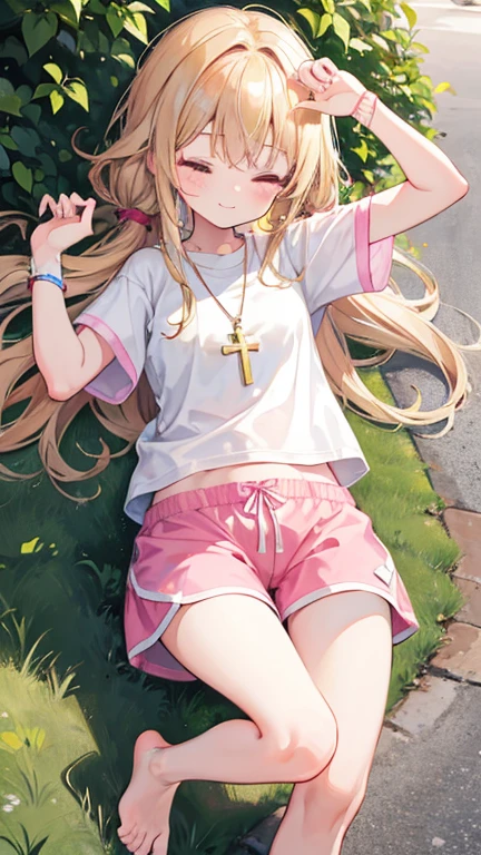 a cute 6 year old christian church girl named Zachary, both brownish blonde hair, long wavy hair, short sleeved white sport jersey tshirt, pink shorts, cross necklace, Jogging, sunrise, slight smile, wristbands, barefoot, eyes closed, hand details, feet details, in a quiet neighborhood, romantic