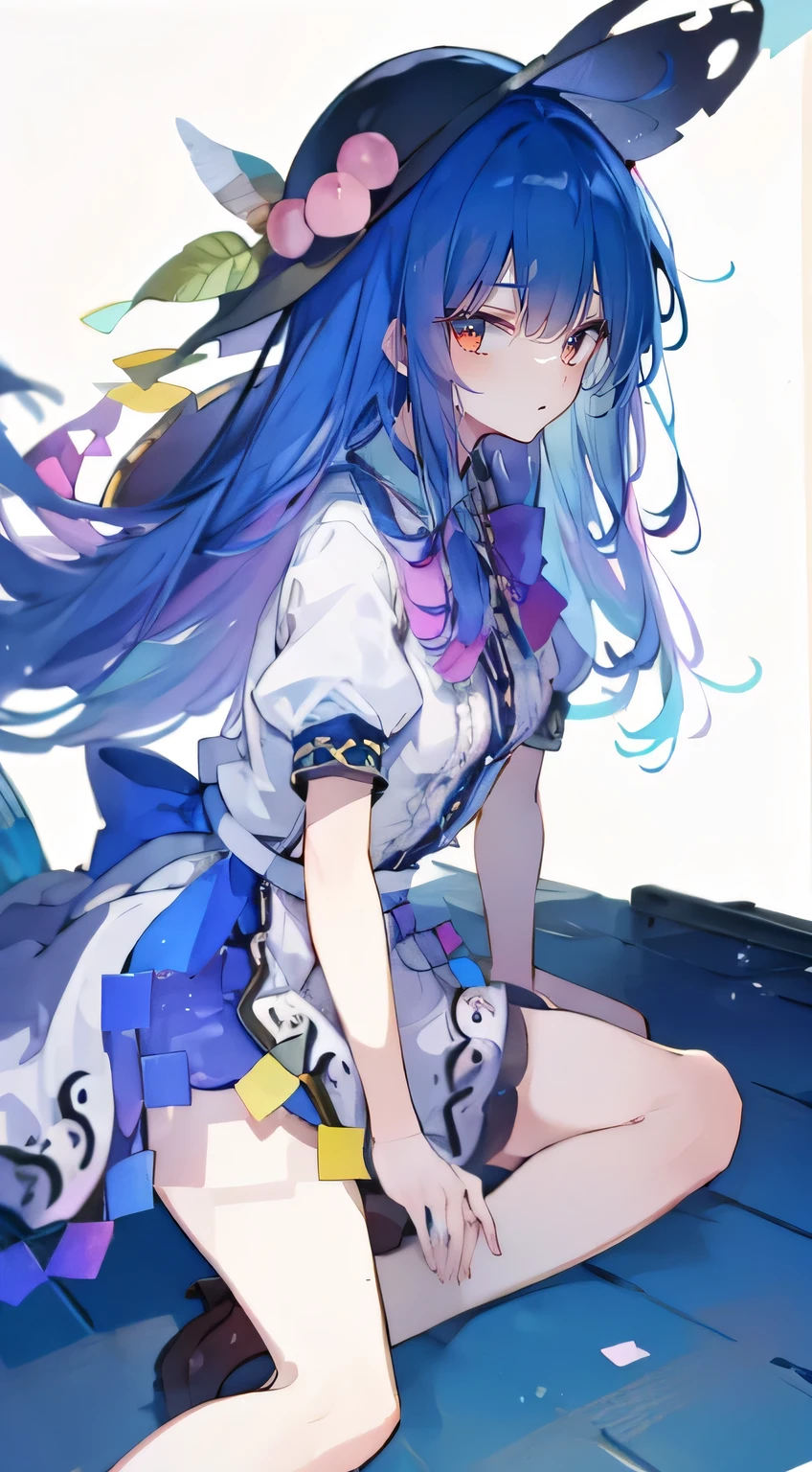 (best quality,high resolution,masterpiece:1.2), Super detailed, actual:1.37, expressive eyes, perfect face, sitting, sitting on the ground, legs on the ground, 1 girl, Big breasts, H cup, beautiful , Put your hands on your waist, White skin, charming, Japanese cartoons, girl, lola, Young angels, blue hair, blue hair, tent, tent chest, tent breast, floating clothes, flat chest, spoiled milk, Nagiko Fujisaki, blue hair student, long, straight hair, purple eyes