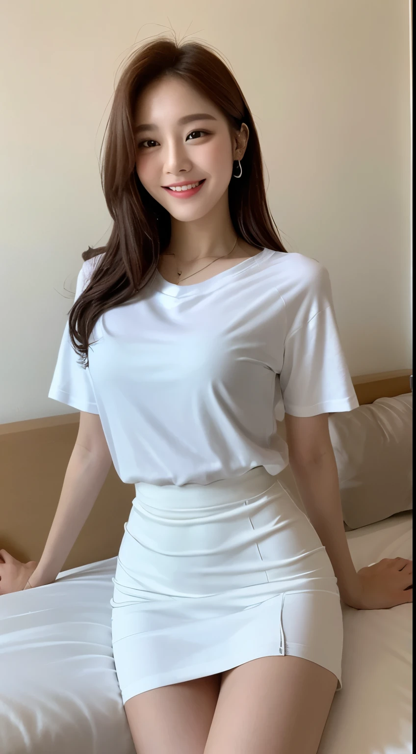 white tight shirt、white tight mini skirt、bed、smile、short sleeve、high resolution、Korean idol face