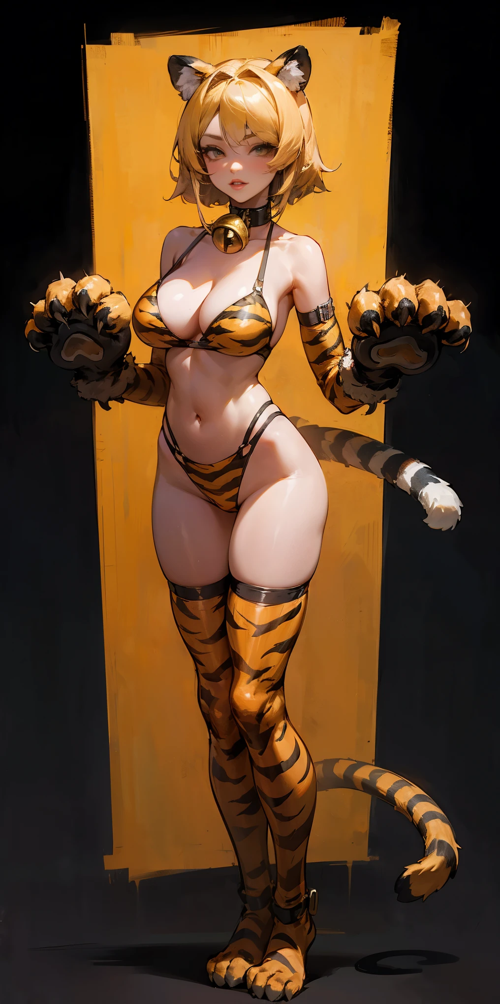 1 solo female girl, animal tiger ears, animal tiger hands, animal tiger print, bell, breasts, choker, claws, cleavage, collar, full body, gloves, large breasts, lips, long hair, looking at viewer, navel, neck bell, tiger paw gloves, tail, thighhighs, tiger ears, tiger print, tiger tail, short bob hair, standing straight symmetrical on black background