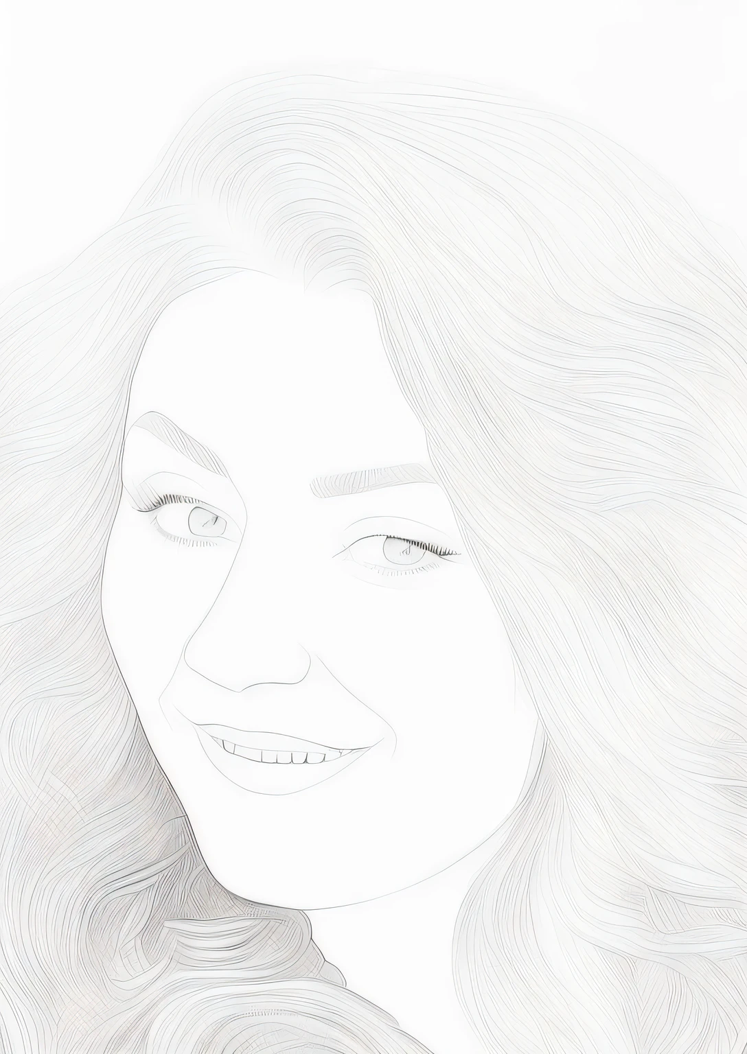 arafed drawing of a woman with long hair and a smile, drawn with photoshop, line - art, lineart, simple lineart, line art, black and white filter, line sketch, sketched, black and white picture, outlined art, digital line-art, digital sketch, fine line art, faded outline, sketch black and white colors, outline sketch, thick bold outline