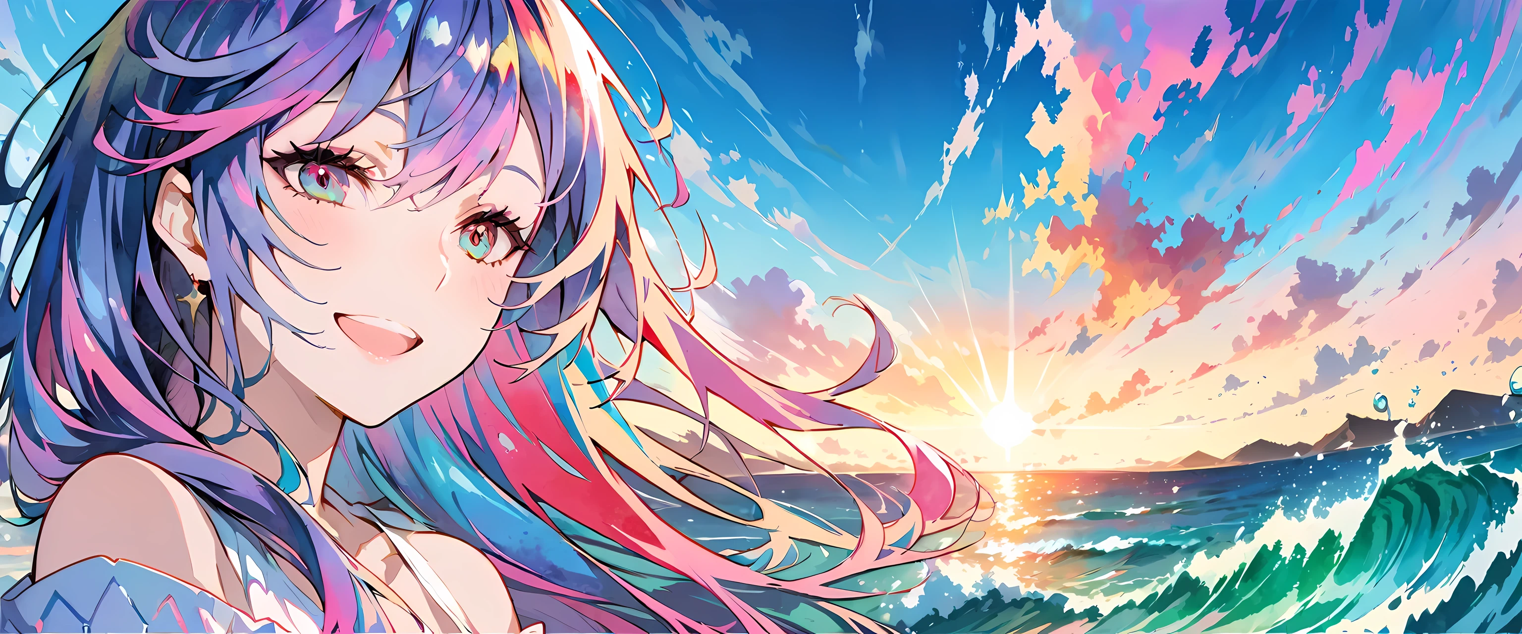 (masterpiece, top quality, best quality, watercolor (ease), official art, Beautiful and beautiful: 1.2), (1 girl: 1.3), (fractal art: 1.3), morning, Good morning, Smile, sunny, happiness, look at the audience, pattern, wave, (Iridescent hair, colorful Hair: 1.2), Sky, gas, cloud, colorful, soap bubbles