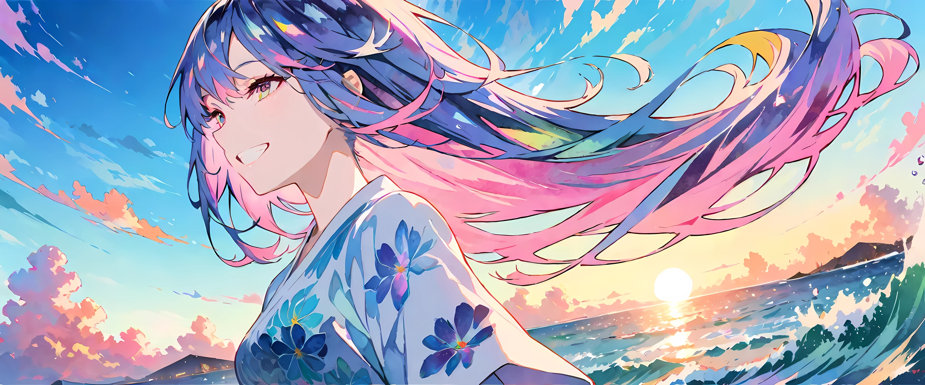(masterpiece, top quality, best quality, watercolor (ease), official art, Beautiful and beautiful: 1.2), (1 girl: 1.3), (fractal art: 1.3), morning, Good morning, Smile, sunny, happiness, look at the audience, pattern, wave, (Iridescent hair, colorful Hair: 1.2), Sky, gas, cloud, colorful, soap bubbles