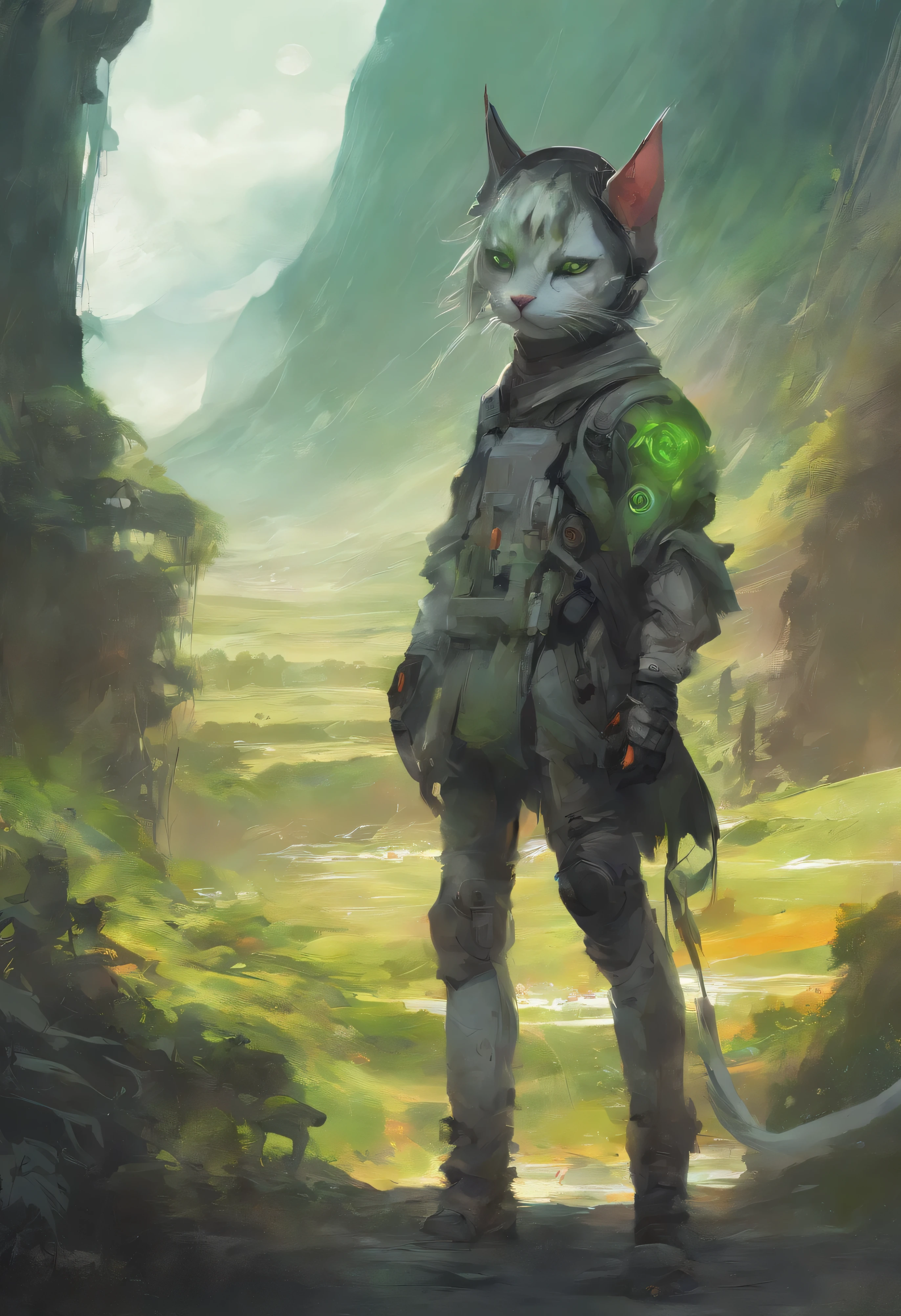 (masterpiece), anime, (photo_(medium):1.0), by Antonio J. Manzanedo, by Jeremy Lipking, green alien cat, 4 arms, 4 eyes, two sets of eyes, two tails, anthropomorphic, lightning, in a surreal landscape, painting style with watercolor, brushstrokes, cyberpunk, japanese clothes