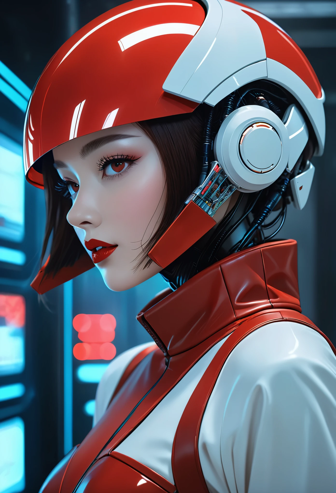 A man wearing a futuristic helmet、Close-up of woman wearing red lipstick, Cyberpunk Jackie Wells, CG Society 9, style = retrofuturism, Beautiful robot woman, Portrait of female robot, retro future fashion, still from the movie《blade runner》, Women in the data center, Moebius aesthetics, Alien movie stills, Depicted as a science fiction scene