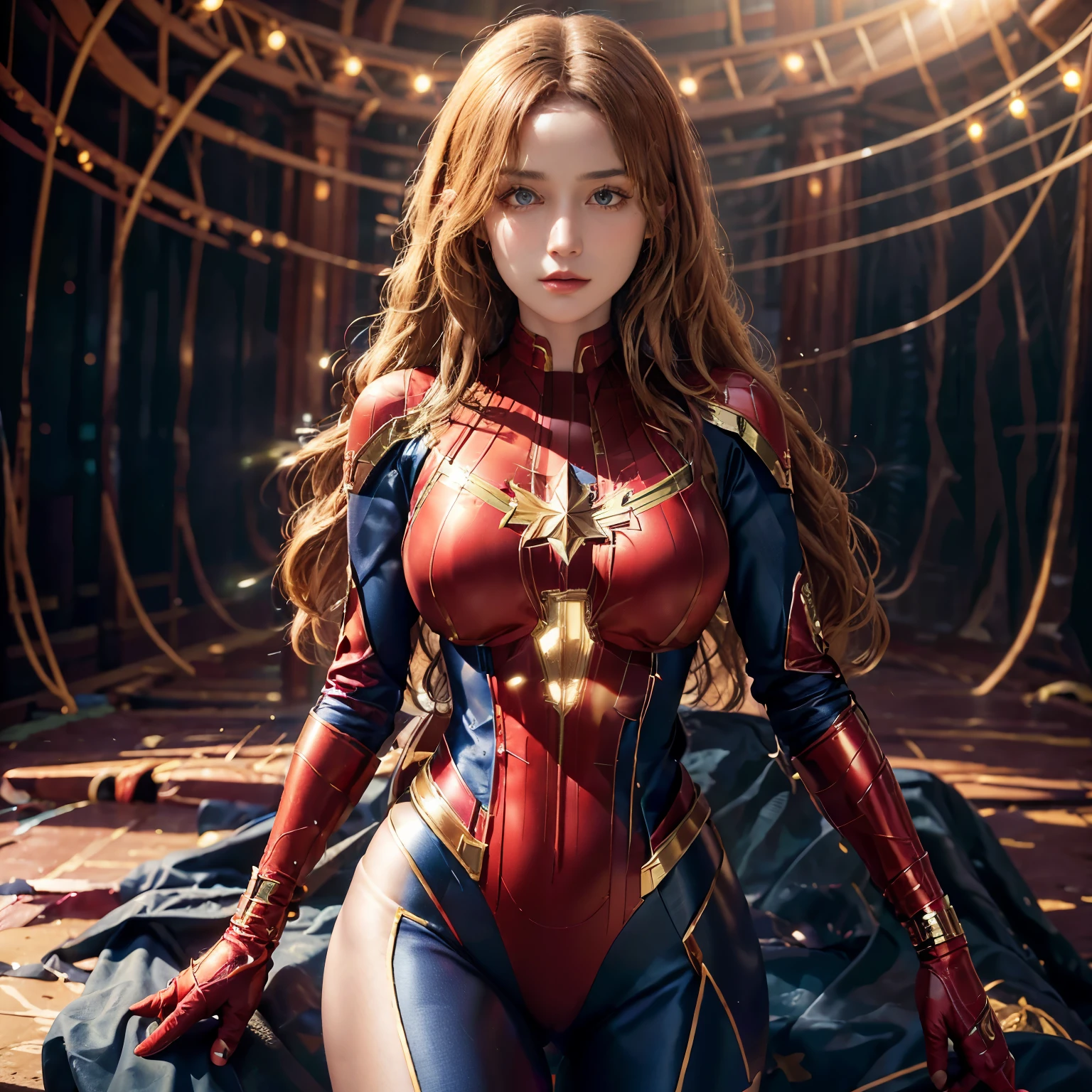 In this captivating artwork, the enchanting figure of Captain Marvel comes to life, radiant and seductive against a backdrop of pulsating cosmic energy. Dressed in her iconic red and blue suit, accented with Gold detailing, her muscles rippling beneath the surface of her form-fitting attire. The intricate pattern of the suit's texture is depicted with meticulous detail, giving the illusion of real-life depth.

Her long, wavy blonde hair cascades down her shoulders, catching the light in a mesmerizing blaze of gold and red hues. Her piercing blue eyes engage the viewer with a confident and alluring gaze, the finest