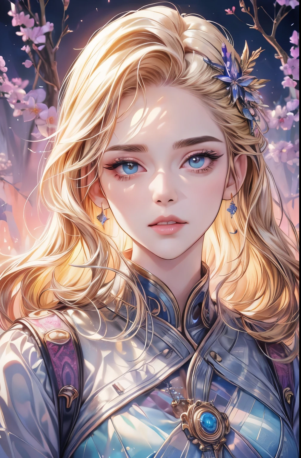 (best quality,highres:1.2),ultra-detailed,realistic,portrait,beautiful detailed eyes,detailed lips,extremely detailed eyes and face,longeyelashes,vivid colors,sharp focus,mosaic pattern background,golden hair accessory,stunning violet eyes,symmetrical eyes,fair skin,halft-length,spotlight,high contrast,eye-catching shadows,meticulous shading,flawless masterpiece,top quality,top-notch image quality