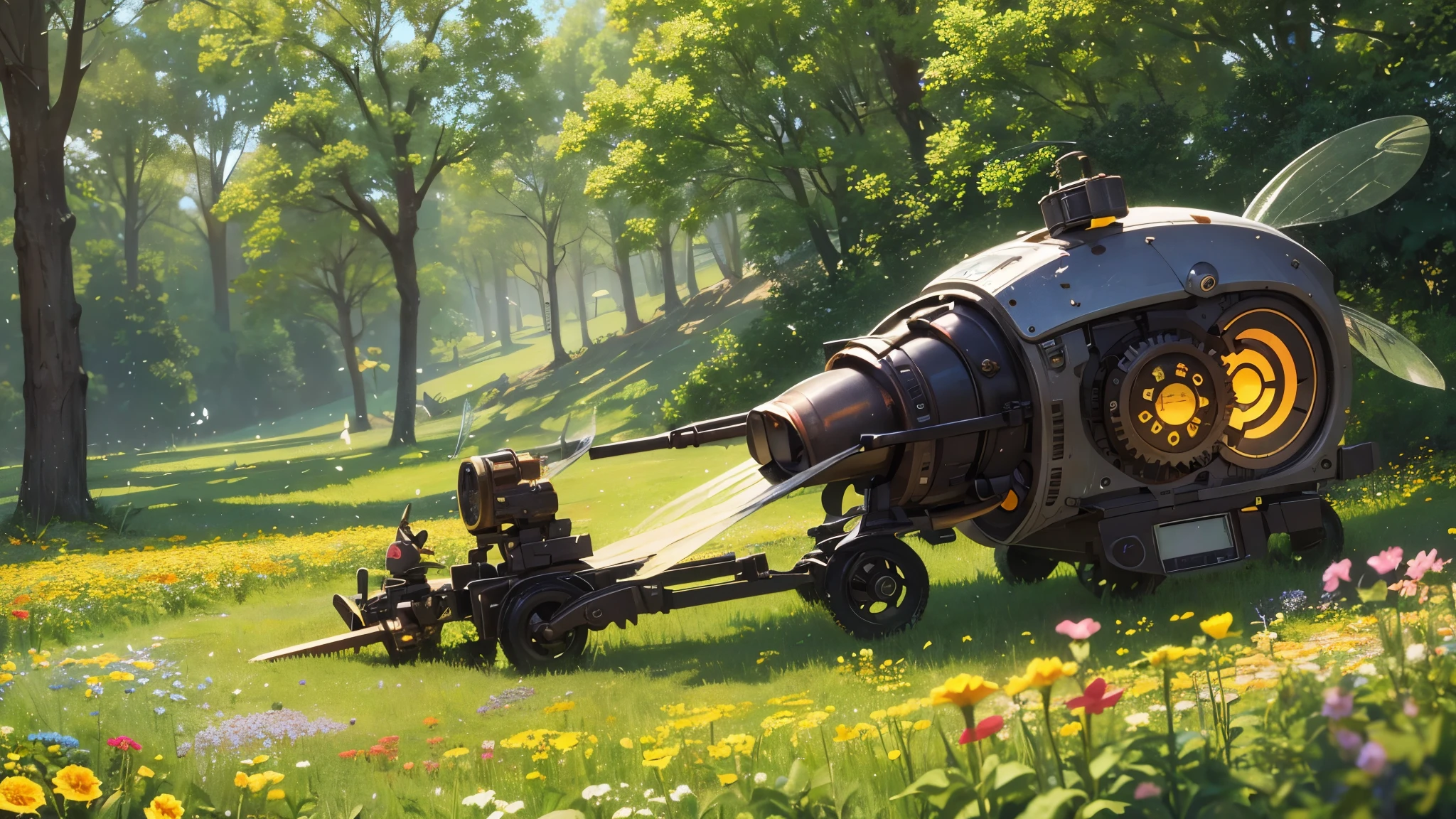 A lovely field of flowers, steampunk robot bees flit between them pollinating them