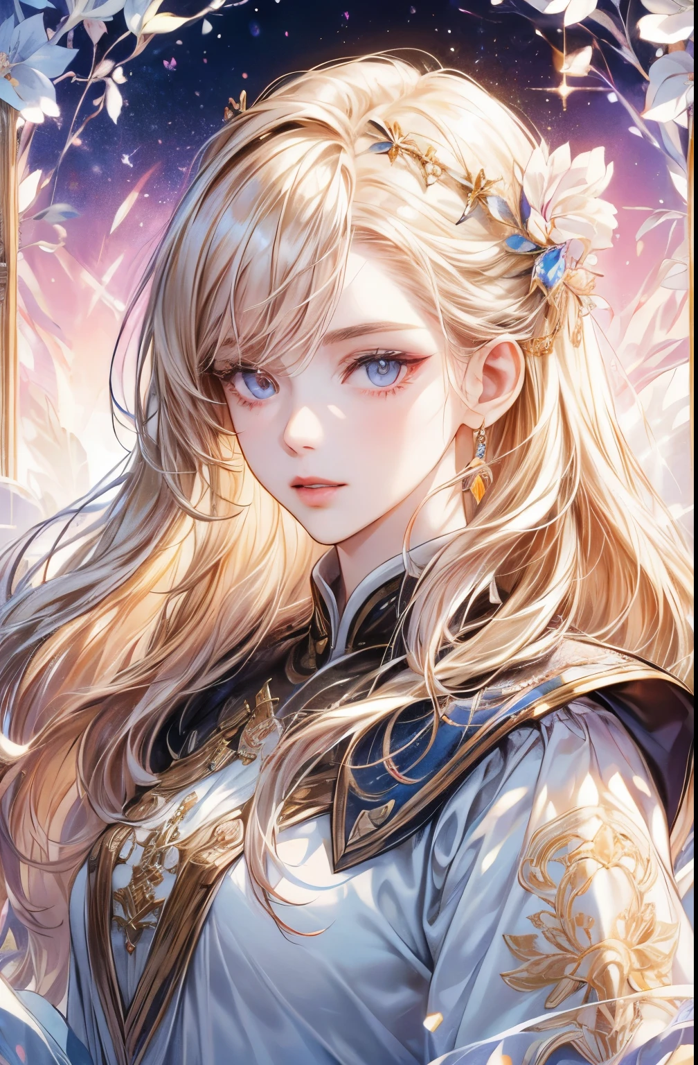 Long-haired woman、bust、white skinned、Symmetry between left and right eyes、delicate eyes、sparkling violet eyes、golden hair accessories、Mosaic pattern background、spotlight、high contrast、Striking shadows、Detailed shadows、Perfect workmanship、​Masterpiece、top quality、Top image quality