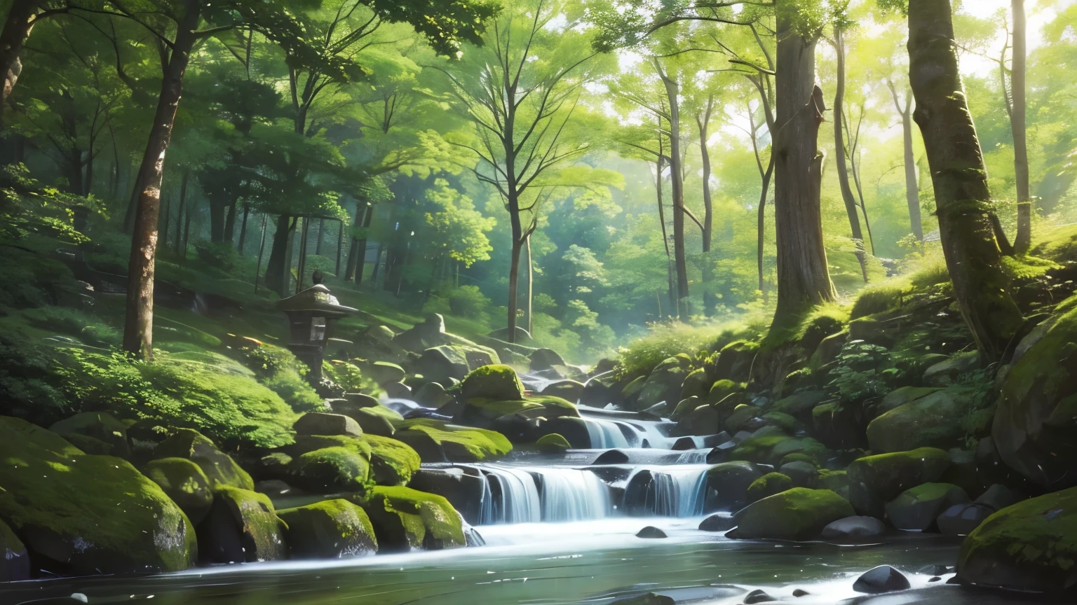 I took a photo of a peaceful moment spent in nature..。wood々Imagine a peaceful landscape bathed in soft morning light.。.。a gentle meandering stream、Surrounded by lush greenery。The overall atmosphere is calm and connected to the natural world.、Highlights the beauty and serenity of outdoor moments。