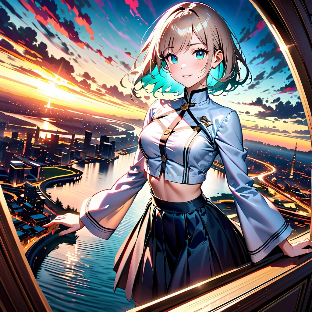 super wide angle, National Geographic Ray Tracing Masterpiece，Beautiful and elegant，Arrogant temperament, a perfect face，Showing expressive emerald eyes and goofy smile. her platinum blonde hair, Highlight with light pink hint, A few strands of multi-colored inner hair, Complementing her professional yet stylish attire - a white long-sleeved crop top，white trim，The pleated skirt showed off her slim waist and wide hips, Everything is set against the backdrop of twilight and sunset scenery. her posture, Her chin lifted slightly, Demonstrates a combination of calm and intensity. In the background is the stunning city reflection in the crystal clear river at sunset. High detail background，like skyline, cloud, The horizon enhances the beauty of the photo. The crystal clear water makes the stream an extremely realistic and detailed mirror，Reflects a woman&#39;s whole body. tranquil perspective of images, Mirror-like stillness makes details more complete, Colorful fantasy art style visual object in specular reflection ratio 1.2