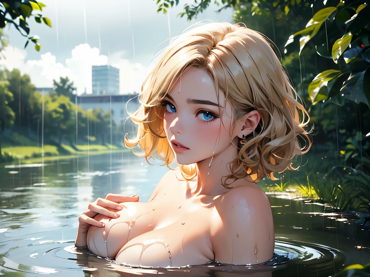 (best quality, 4K, masterpiece :1.3), pretty Woman, 1 girl, (breast, attractive body :1.2), abdominal muscles :1.1, ((Brown French short curly hair((light blonde highlights)): 1.1)), fine hair, (wet from rain, get wet by rain, wet :1.2), Super detailed face, delicate lips, delicate eyes, double eyelids, sky blue eyes, countryside, river,