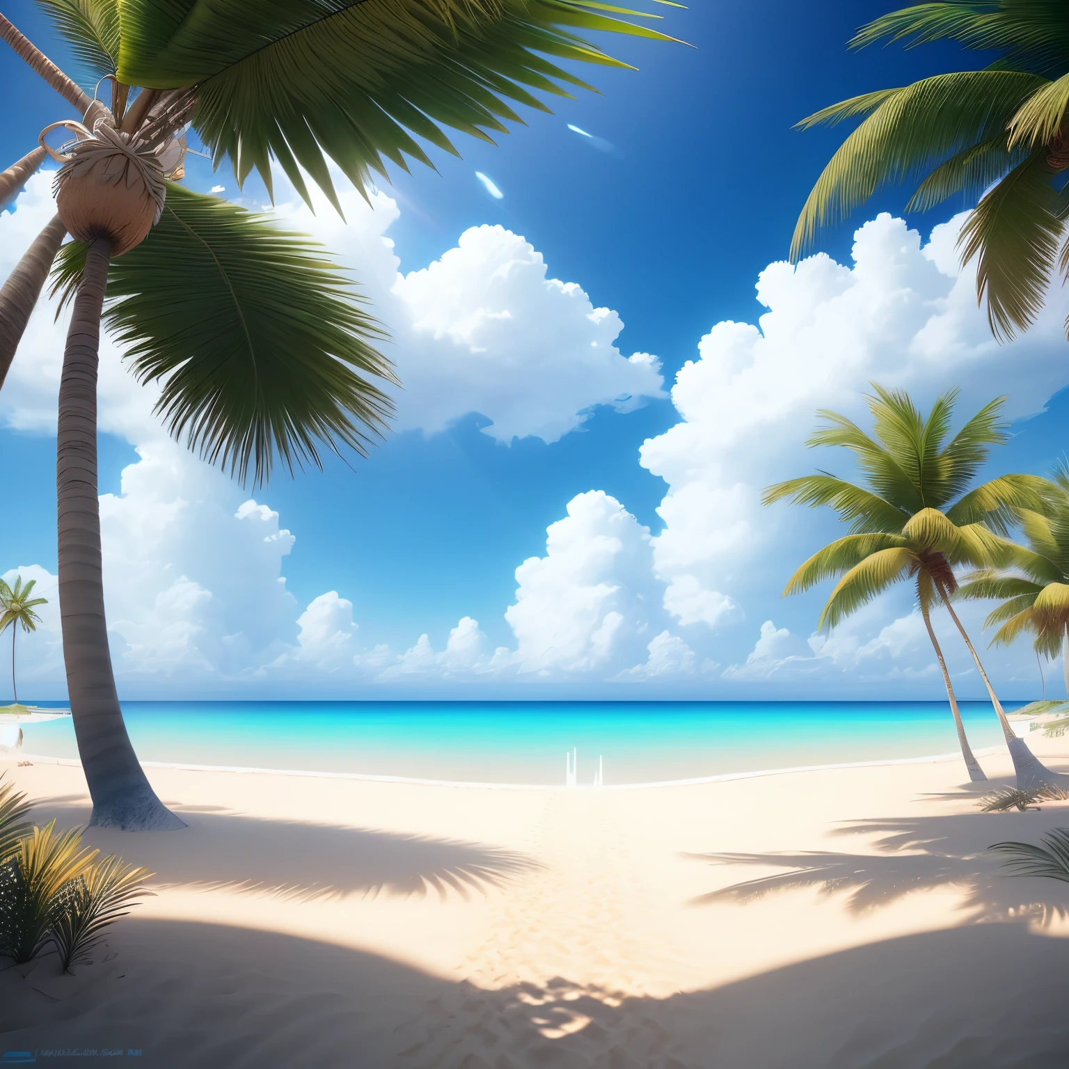 blue sky and white clouds, white sand, Ocean, some palm trees in the distance, bright sun, ray tracing, best light, highest quality, Super detailed, c4d, Highly detailed CG Unity 4k wallpaper