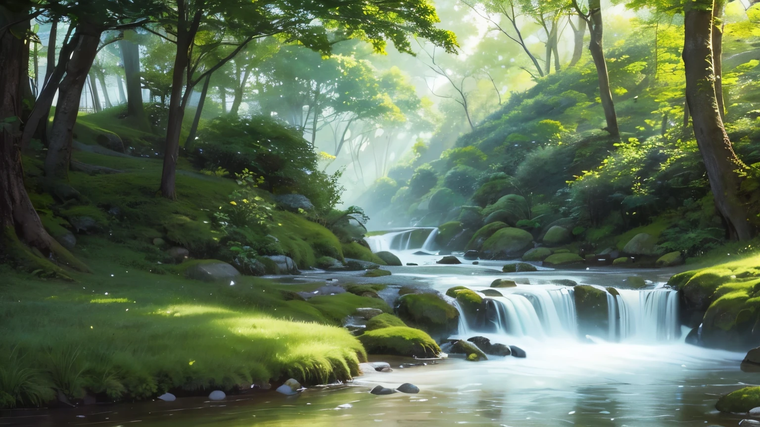 I took a photo of a peaceful moment spent in nature..。wood々Imagine a peaceful landscape bathed in soft morning light.。.。a gentle meandering stream、Surrounded by lush greenery。The overall atmosphere is calm and connected to the natural world.、Highlights the beauty and serenity of outdoor moments。