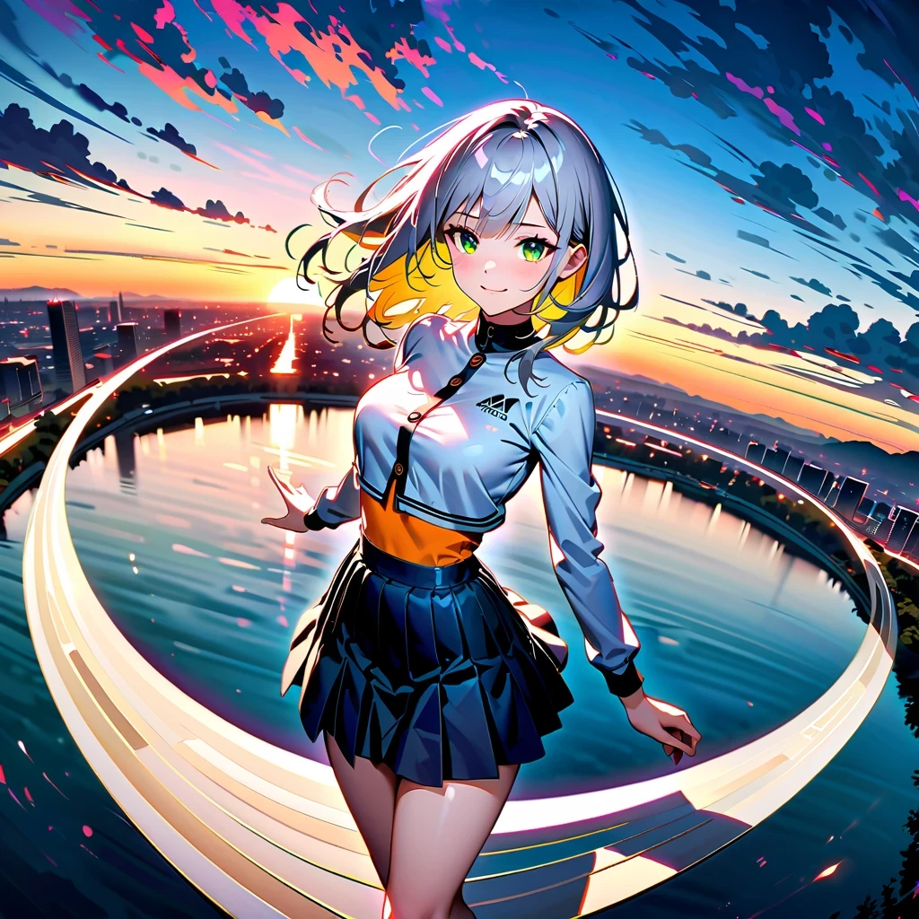 super wide angle, National Geographic Ray Tracing Masterpiece，Beautiful and elegant，Arrogant temperament, a perfect face，Showing expressive emerald eyes and goofy smile. her platinum blonde hair, Highlight with light pink hint, A few strands of multi-colored inner hair, Complementing her professional yet stylish attire - a white long-sleeved crop top，white trim，The pleated skirt showed off her slim waist and wide hips, Everything is set against the backdrop of twilight and sunset scenery. her posture, Her chin lifted slightly, Demonstrates a combination of calm and intensity. In the background is the stunning city reflection in the crystal clear river at sunset. High detail background，like skyline, cloud, The horizon enhances the beauty of the photo. The crystal clear water makes the stream an extremely realistic and detailed mirror，Reflects a woman&#39;s whole body. tranquil perspective of images, Mirror-like stillness makes details more complete, Colorful fantasy art style visual object in specular reflection ratio 1.2