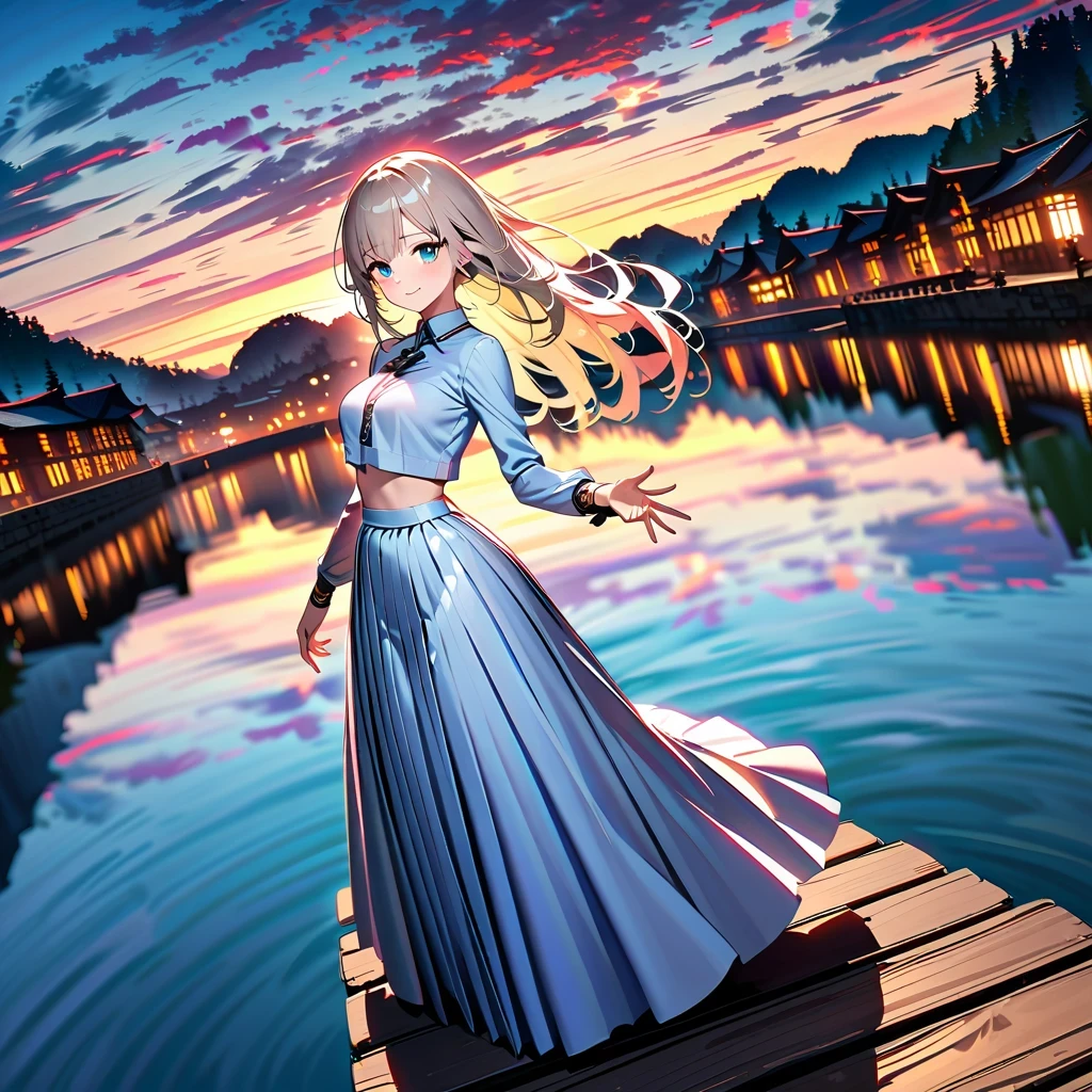 super wide angle, National Geographic Ray Tracing Masterpiece,Beautiful and elegant,Arrogant temperament, a perfect face,Showing expressive emerald eyes and goofy smile. her platinum blonde hair, Highlight with light pink hint, A few strands of multi-colored inner hair, Complementing her professional yet stylish attire - a white long-sleeved crop top,white trim,The pleated skirt showed off her slim waist and wide hips, Everything is set against the backdrop of twilight and sunset scenery. her posture, Her chin lifted slightly, Demonstrates a combination of calm and intensity. In the background is the stunning city reflection in the crystal clear river at sunset. High detail background,like skyline, cloud, The horizon enhances the beauty of the photo. The crystal clear water makes the stream an extremely realistic and detailed mirror,Reflects a woman's whole body. tranquil perspective of images, Mirror-like stillness makes details more complete, Colorful fantasy art style visual object in specular reflection ratio 1.2
