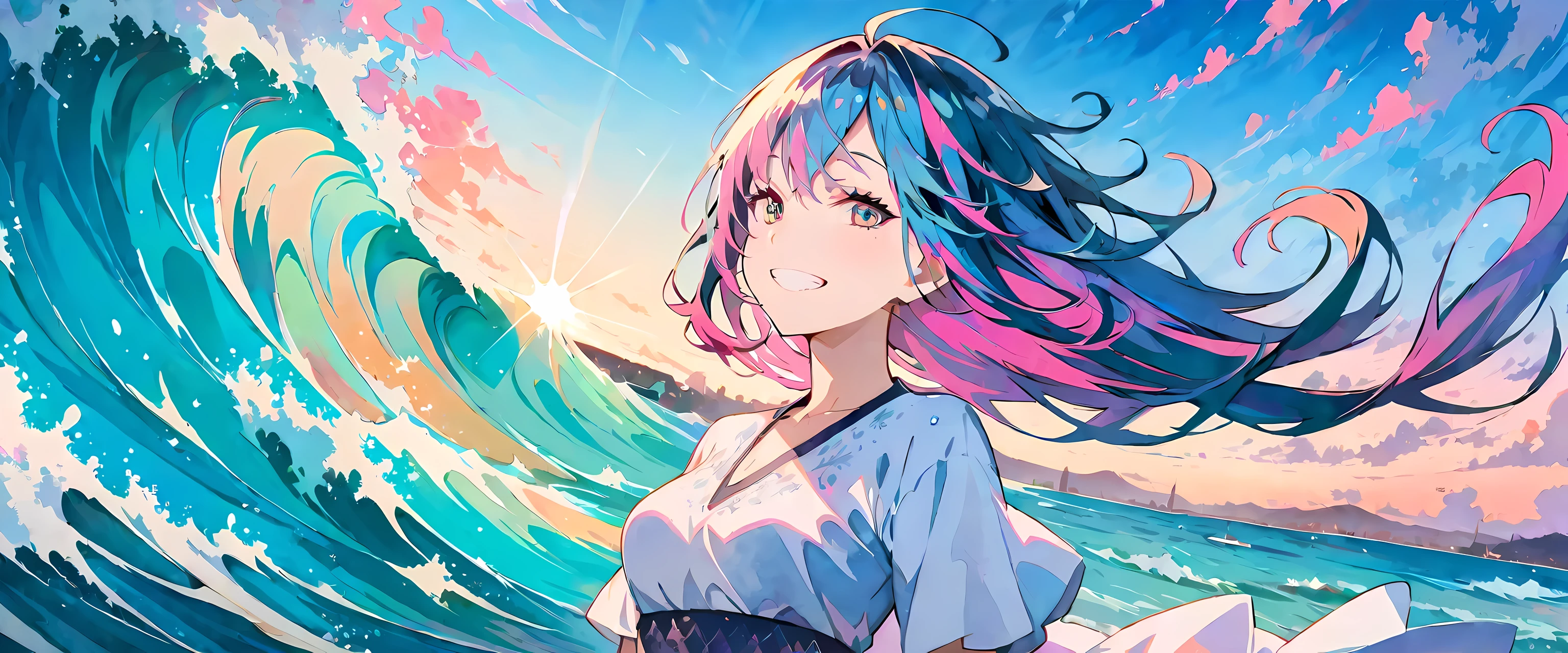 (masterpiece, top quality, best quality, watercolor (ease), official art, Beautiful and beautiful: 1.2), (1 girl: 1.3), (fractal art: 1.3), morning, Good morning, Smile, sunny, happiness, look at the audience, pattern, wave, (Iridescent hair, colorful Hair: 1.2), Sky, gas, cloud, colorful, soap bubbles