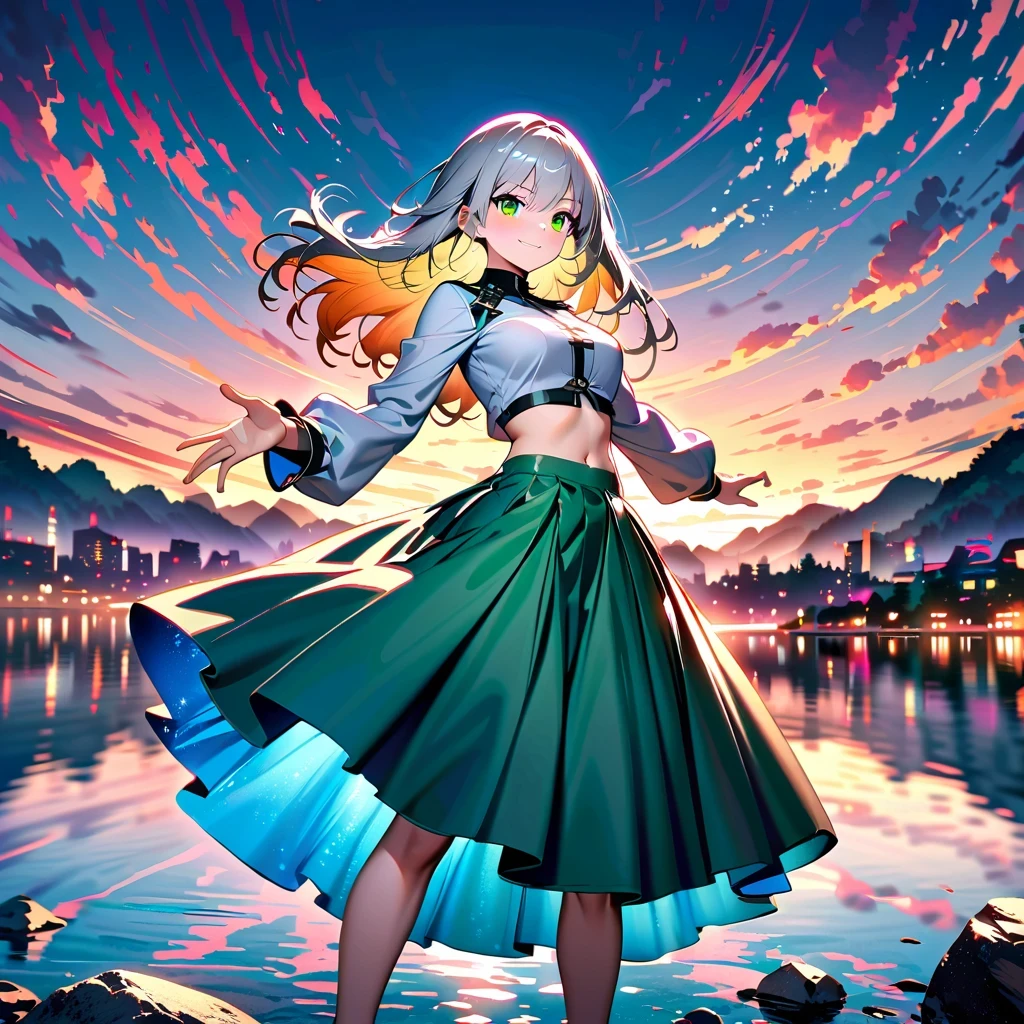 super wide angle, National Geographic Ray Tracing Masterpiece，Beautiful and elegant，Arrogant temperament, a perfect face，Showing expressive emerald eyes and goofy smile. her platinum blonde hair, Highlight with light pink hint, A few strands of multi-colored inner hair, Complementing her professional yet stylish attire - a white long-sleeved crop top，white trim，The pleated skirt showed off her slim waist and wide hips, Everything is set against the backdrop of twilight and sunset scenery. her posture, Her chin lifted slightly, Demonstrates a combination of calm and intensity. In the background is the stunning city reflection in the crystal clear river at sunset. High detail background，like skyline, cloud, The horizon enhances the beauty of the photo. The crystal clear water makes the stream an extremely realistic and detailed mirror，Reflects a woman&#39;s whole body. tranquil perspective of images, Mirror-like stillness makes details more complete, Colorful fantasy art style visual object in specular reflection ratio 1.2