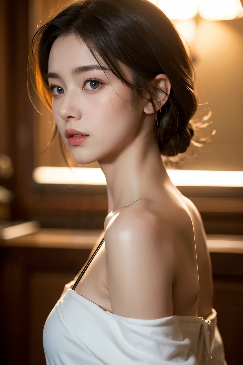 Tight black top:1.2, looking at the audience, movie lighting, perfect, soft light, high resolution skin:1.2, Realistic skin texture, realistic face, Off the shoulders, Naked ditch, blue eyes, Dark brown hair、Small face、Bust D cups、