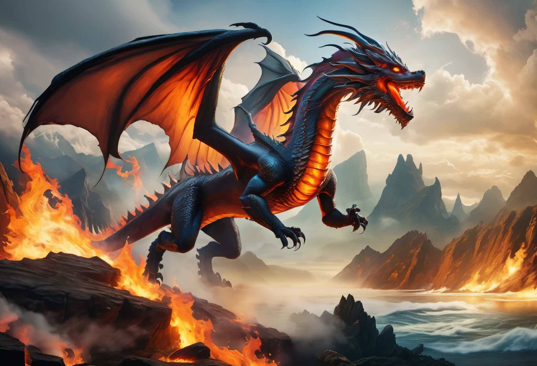 ((ultra wide angle x0.5:1.5)),( dragon releasing flame from its mouth, cliff, flying:1.5), ((Imaginative scene)), (( very detailed: 1.4), (( Masterpiece )), ( Hyper-detailed and beautiful: 1.3), (Photorealistic: 1.4), 32k.