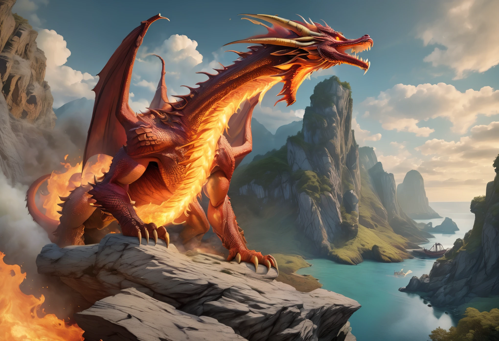 ((ultra wide angle x0.5:1.5)),( dragon releasing flame from its mouth, cliff, flying:1.5), ((Imaginative scene)), (( very detailed: 1.4), (( Masterpiece )), ( Hyper-detailed and beautiful: 1.3), (Photorealistic: 1.4), 32k.