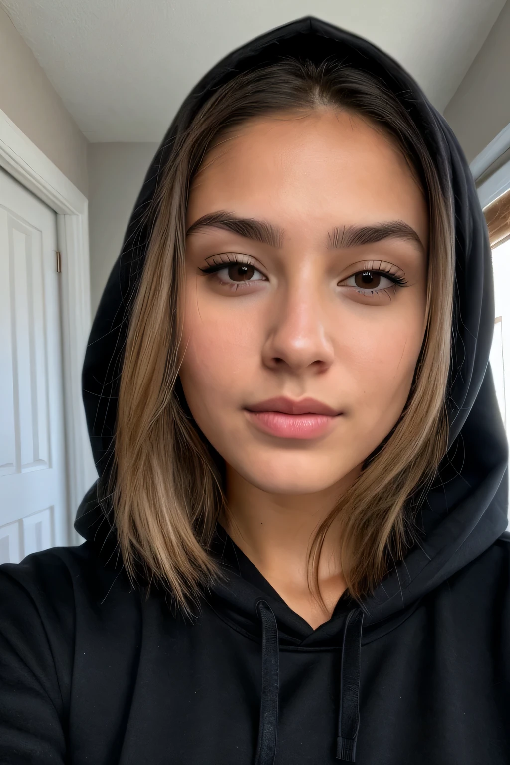 RAW selFie, Face selFie oF gorgeous 19 y.oh mujer, cute Face, brazo extendido, wearing a black sweater, Pecho grande, gran culo, pelo medio-largo, In his bedroom, happy Face, sombras duras, cinematic selFie, dramatic lighting, 8k hd, estilo granulado, F.16, 1080, 4k, liFelike texture, Mejor calidad, ultra high detailed Face skin texture, sin maquillaje, small expression lines,