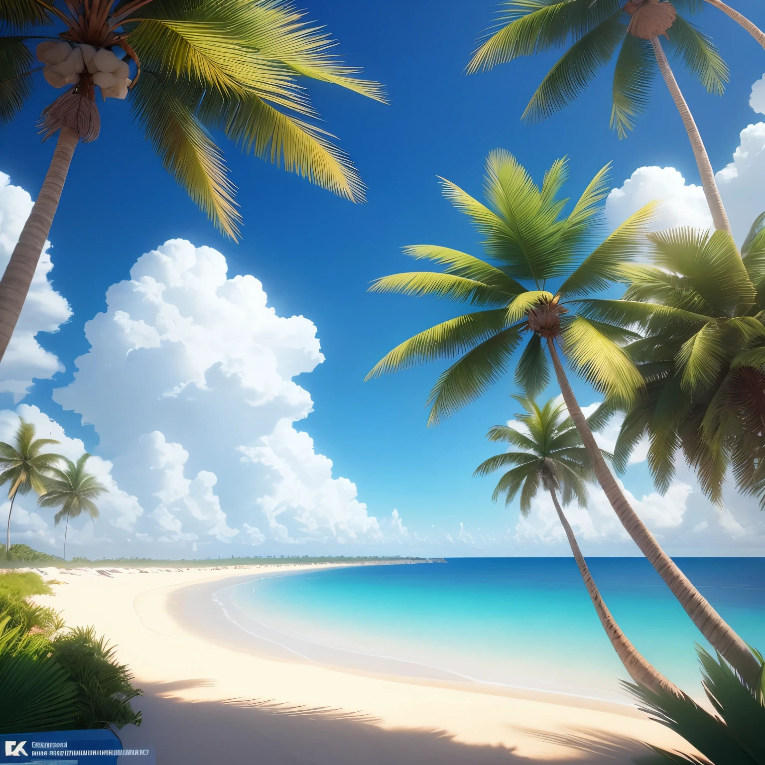 blue sky and white clouds, white sand, Ocean, some palm trees in the distance, bright sun, ray tracing, best light, highest quality, Super detailed, c4d, Highly detailed CG Unity 4k wallpaper