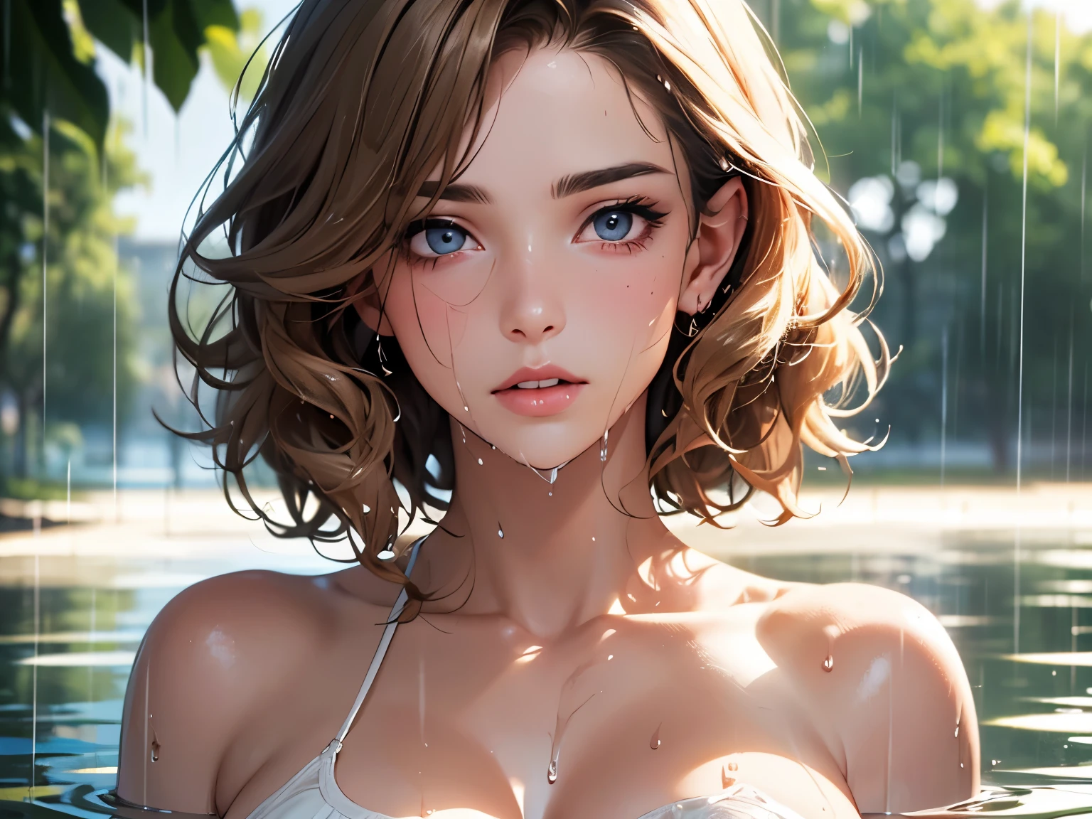 (best quality, 4K, masterpiece :1.3), pretty Woman, 1 girl, (breast, attractive body :1.2), abdominal muscles :1.1,  (Brown French short curly hair with blonde highlights, asymmetrical: 1.1), (wet from rain, get wet by rain, wet :1.2), Super detailed face, delicate lips, delicate eyes, double eyelids,