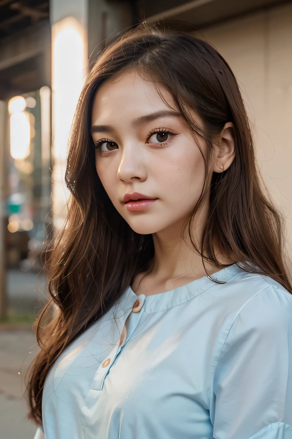 Girl with a heart-shaped face., cara de 15 cm de largo, Perfect pale white skin with pink undertones., mejillas de manzana, hazelnut-greenish range yes range, long eyelashes, small nose, delgada y afinada, heart-shaped pink-red lips, v shaped jaw, cejas rectas claras, Se asemeja "Jang Wonyoung" "faaaariii_" en Instagram y "Dasha Taran"but he&#39;s not asian, long olive brown hair, tres lunares en el lado derecho de la cara, dos lunares en la mejilla izquierda, un lunar debajo del ojo izquierdo, perfect facial harmony, angelical bonita. Usando una blusa celeste, parque en el fondo de la noche.
