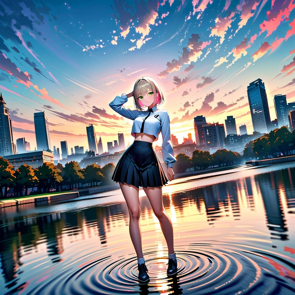 super wide angle, National Geographic Ray Tracing Masterpiece，Beautiful and elegant，Arrogant temperament, a perfect face，Showing expressive emerald eyes and goofy smile. her platinum blonde hair, Highlight with light pink hint, A few strands of multi-colored inner hair, Complementing her professional yet stylish attire - a white long-sleeved crop top，white trim，The pleated skirt showed off her slim waist and wide hips, Everything is set against the backdrop of twilight and sunset scenery. her posture, Her chin lifted slightly, Demonstrates a combination of calm and intensity. In the background is the stunning city reflection in the crystal clear river at sunset. High detail background，like skyline, cloud, The horizon enhances the beauty of the photo. The crystal clear water makes the stream an extremely realistic and detailed mirror，Reflects a woman&#39;s whole body. tranquil perspective of images, Mirror-like stillness makes details more complete, Colorful fantasy art style visual object in specular reflection ratio 1.2
