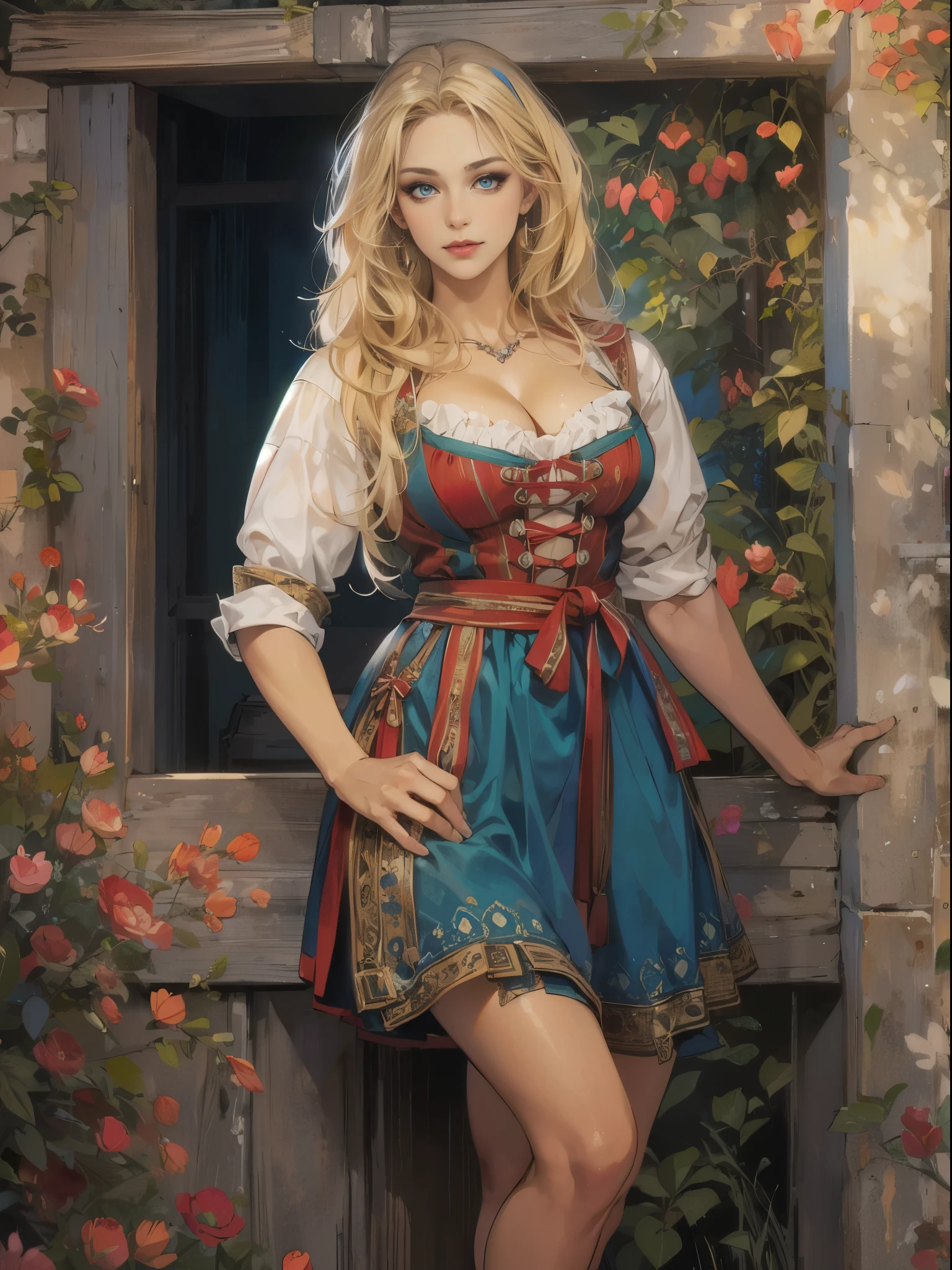 (best quality, ultra-detailed, realistic:1.37), Bavarian woman, long blond hair, blue eyes, curvaceous body, short skirt Dirndl Dress, partial exposed breast, alluring mole, mature and confident, milf, vibrant colors, studio lighting, ((full body pose)), Bavarian nature background. 