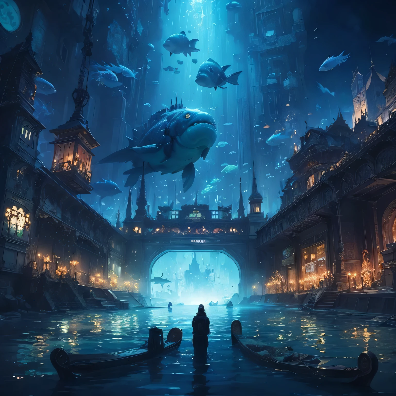 Underwater city at midnight, Illuminated by bioluminescent organisms - concept art by Feng Zhu