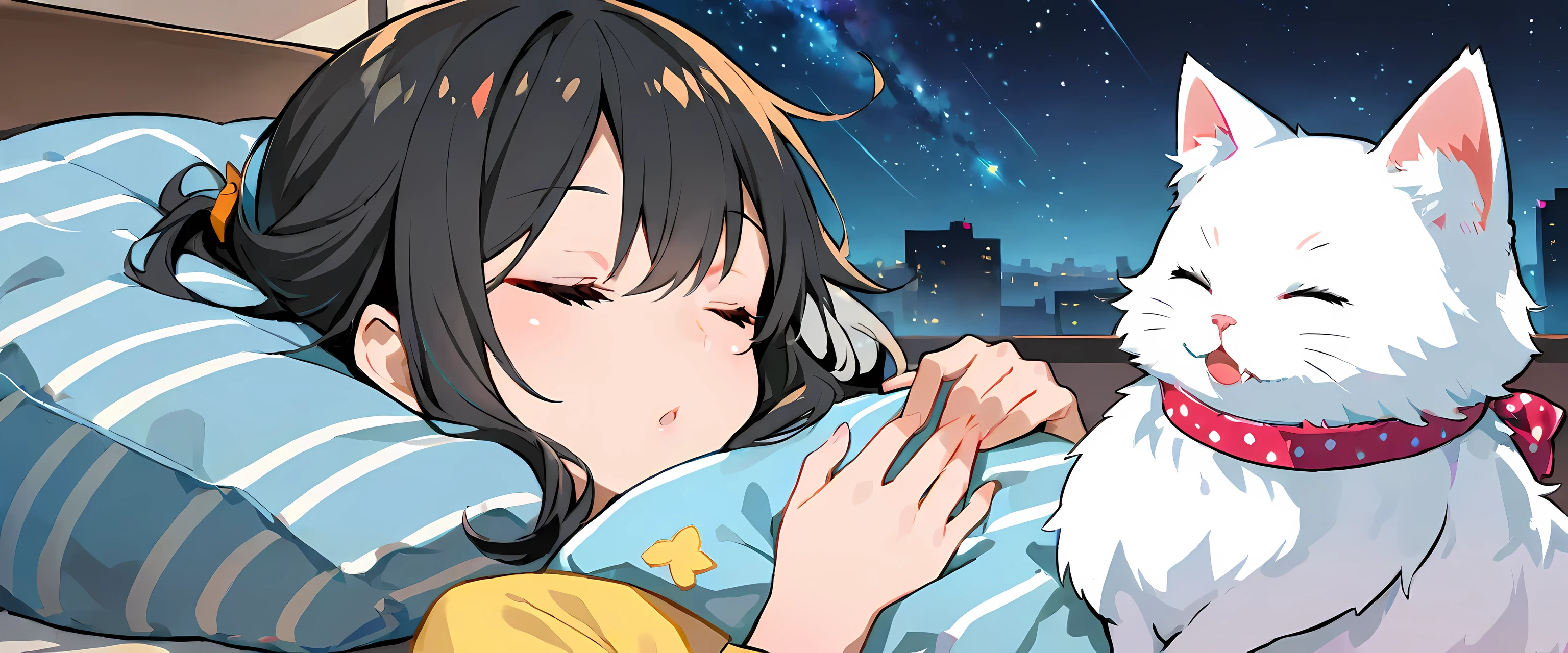 A and a fluffy white kitten, flowers, sleep, long black hair, night, starry sky